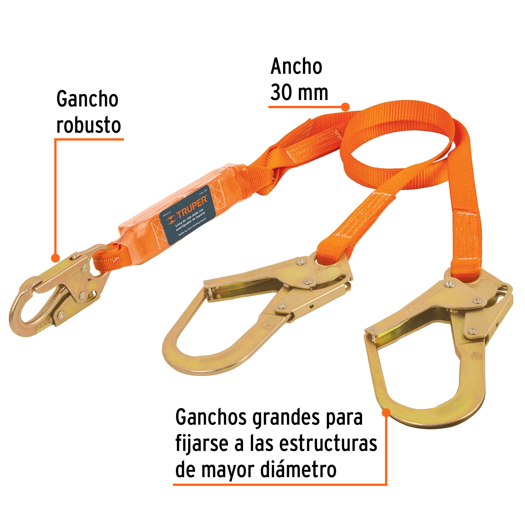 Línea vida absorbedor impacto doble brazo gancho grande,ANSI TRUPER