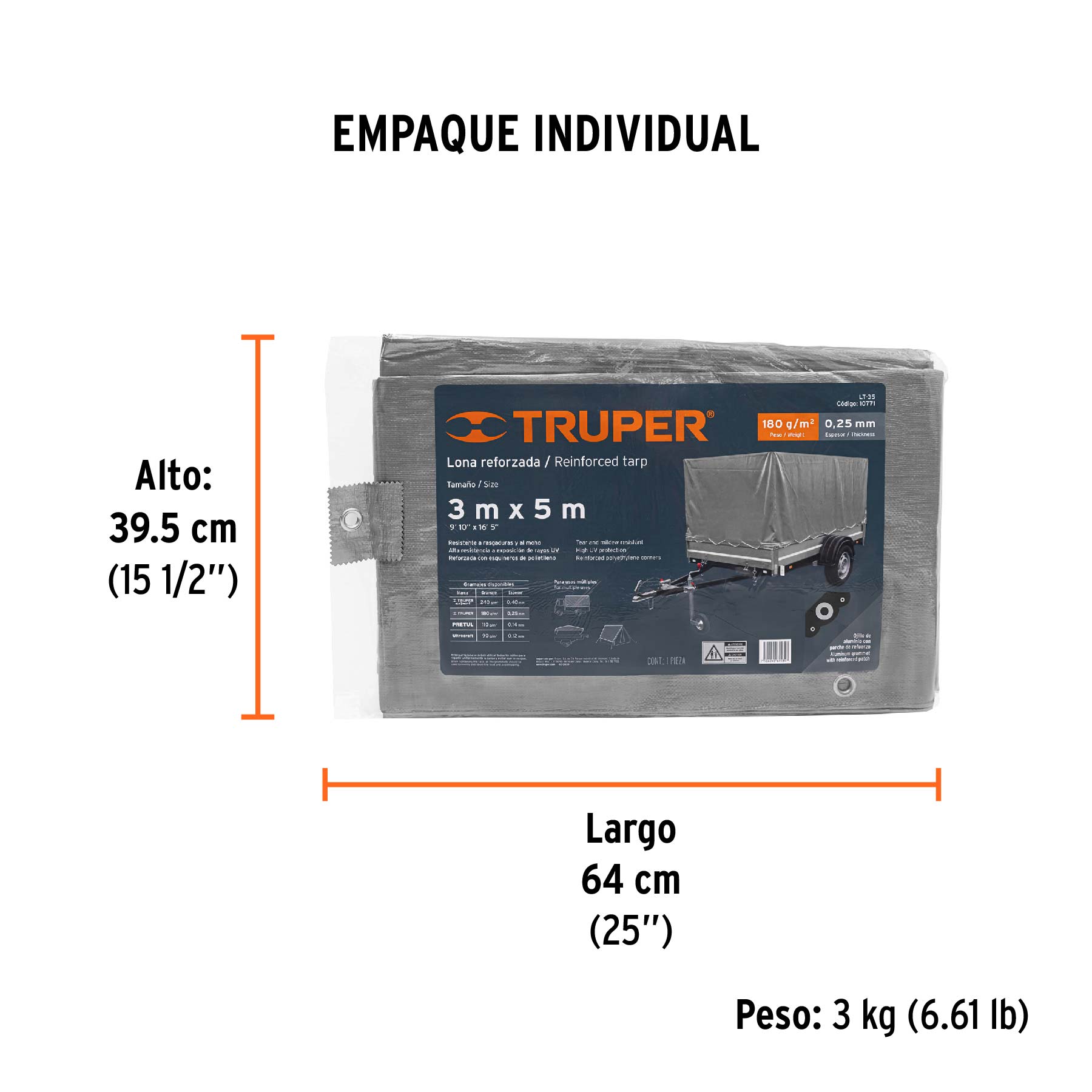 Lona de polietileno reforzada 3 x 5 m, gris, 180g/m2, TRUPER TRUPER