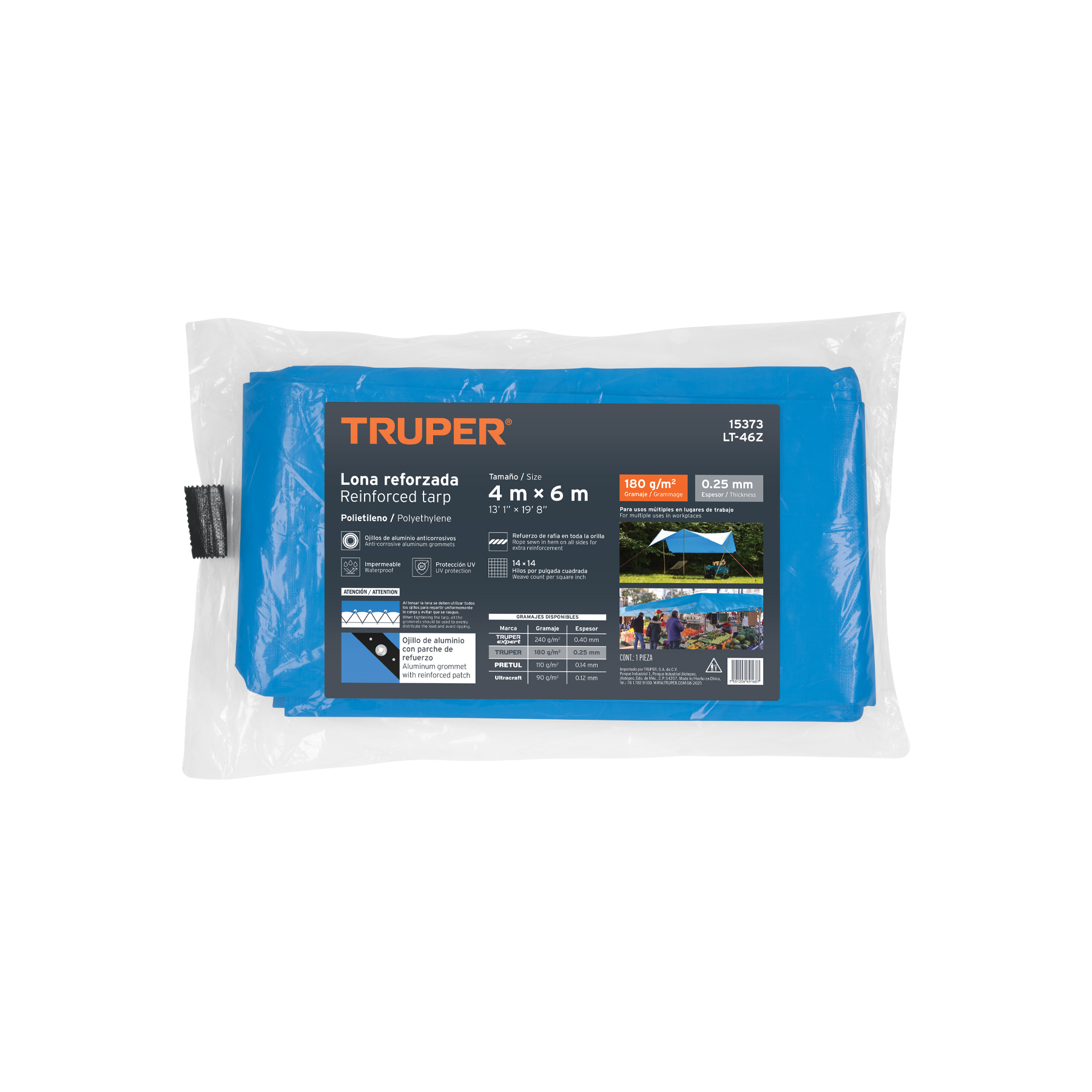 Lona de polietileno reforzada 4 x 6 m, azul, 180g/m2, TRUPER TRUPER