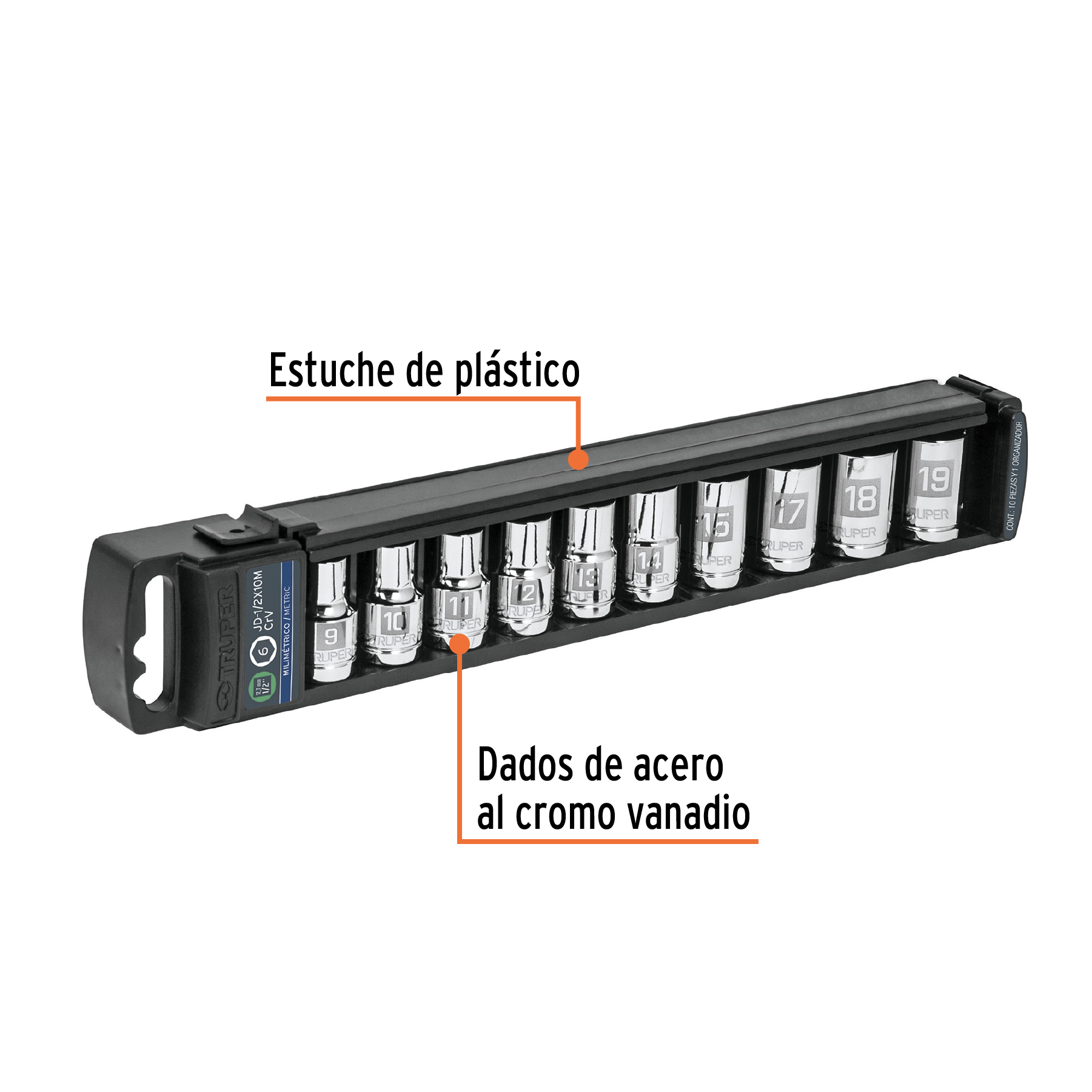 Juego de 10 dados cuadro 1/2" mm, TRUPER TRUPER