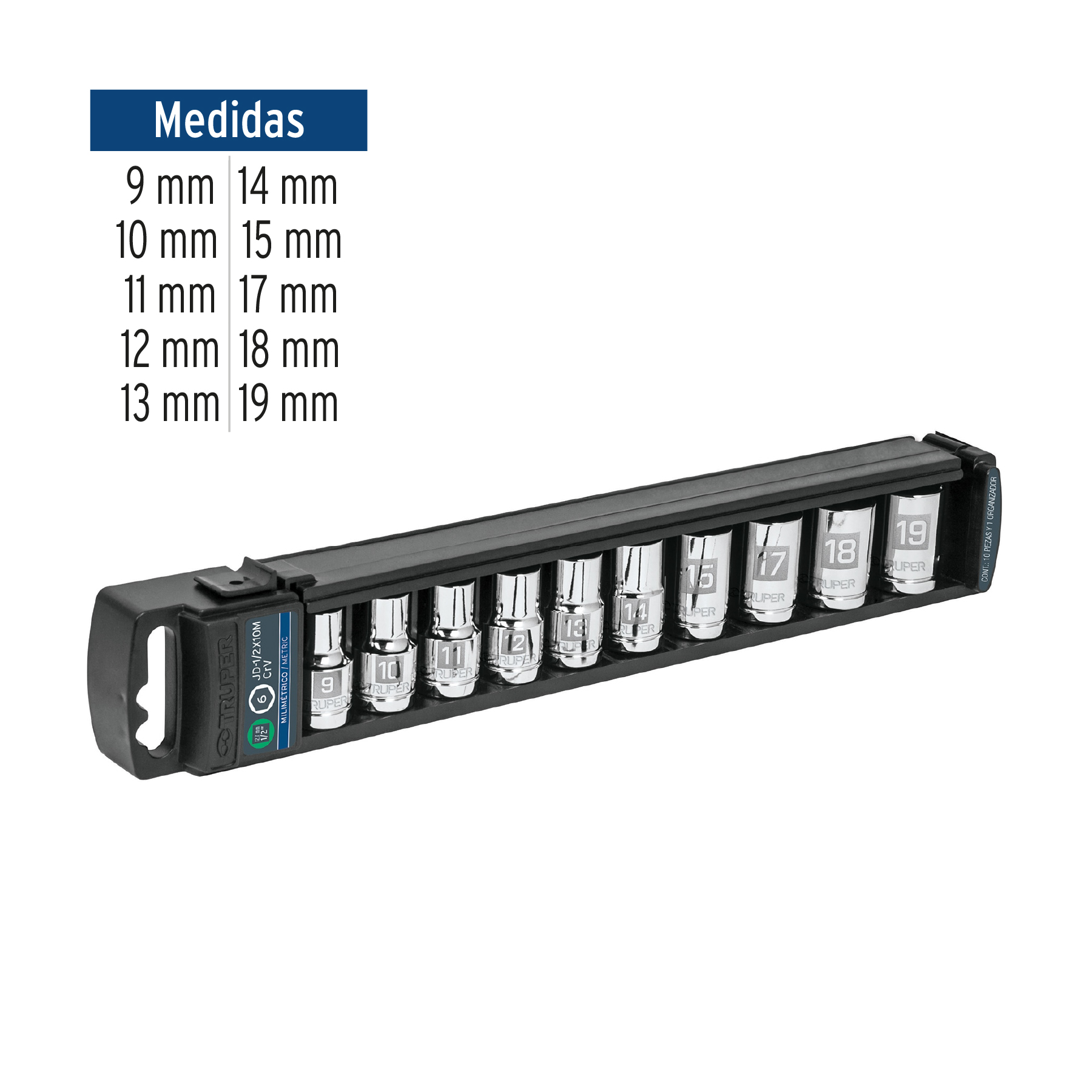 Juego de 10 dados cuadro 1/2" mm, TRUPER TRUPER