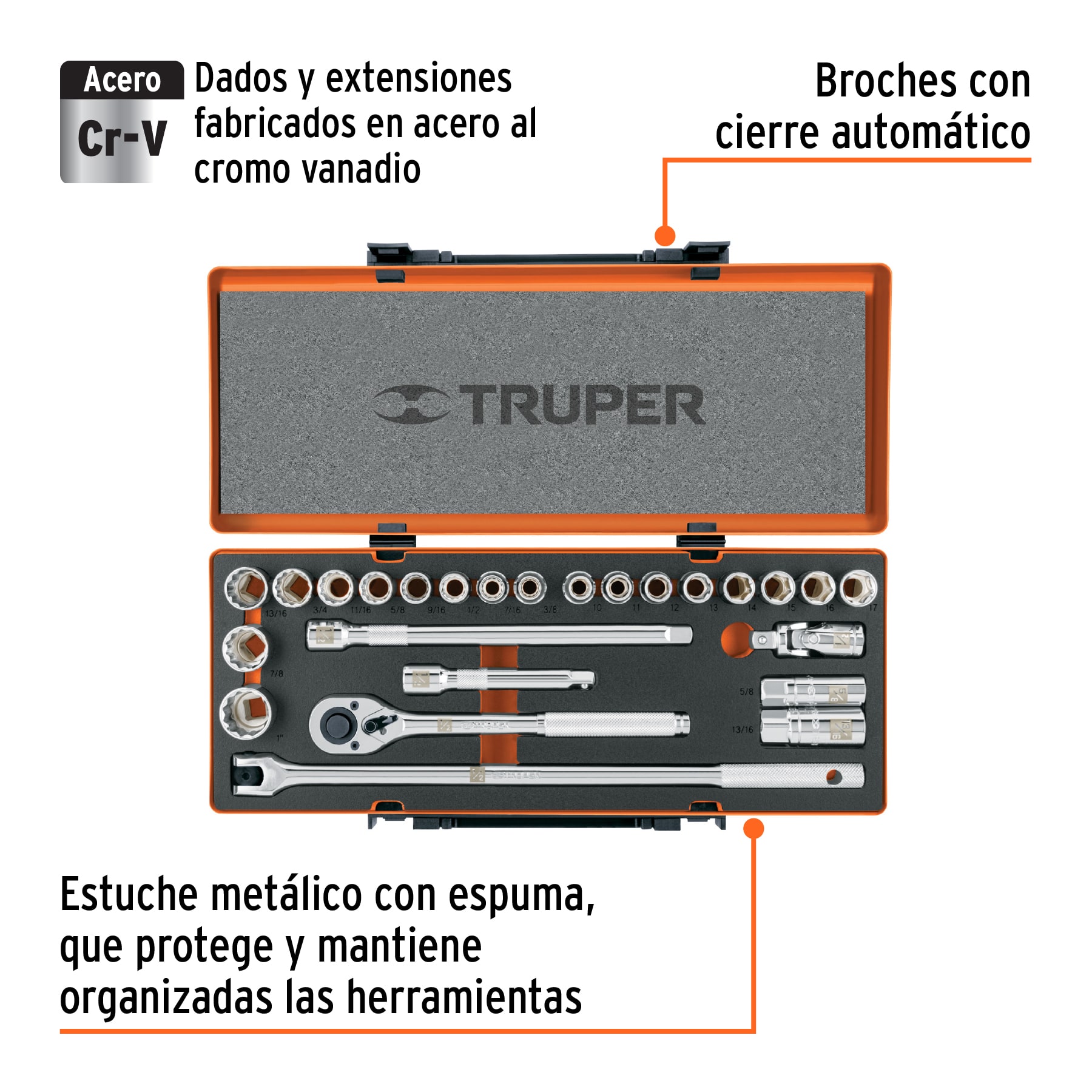 Juego de 25 herramientas cuadro 1/2" std y mm para mecánico TRUPER