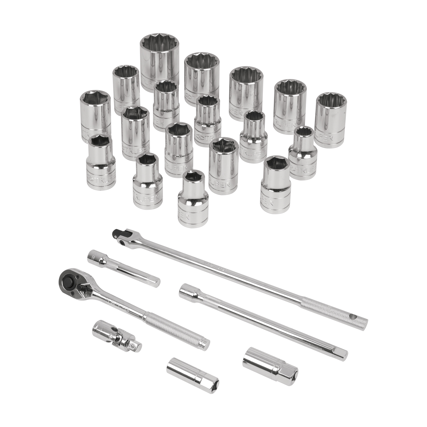 Juego de 25 herramientas cuadro 1/2" std y mm para mecánico TRUPER