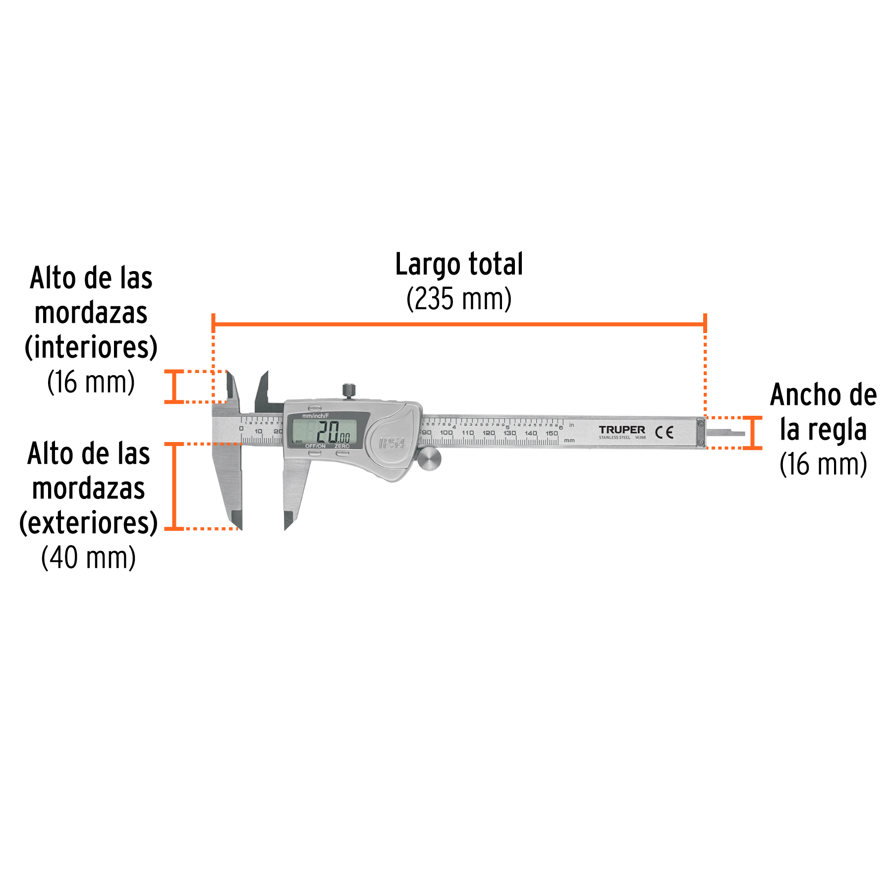 Calibrador vernier digital 6", acero inox, std y mm, TRUPER TRUPER