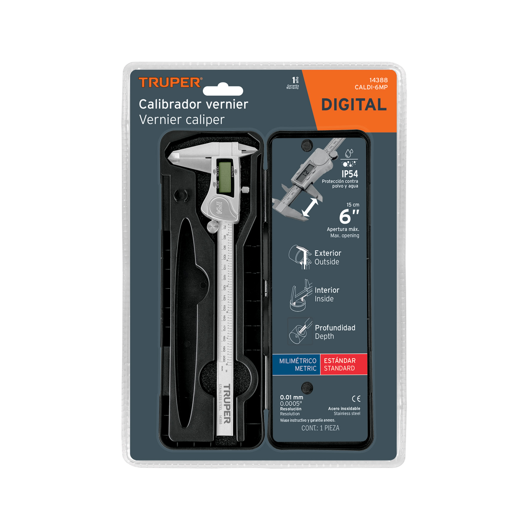 Calibrador vernier digital 6", acero inox, std y mm, TRUPER TRUPER