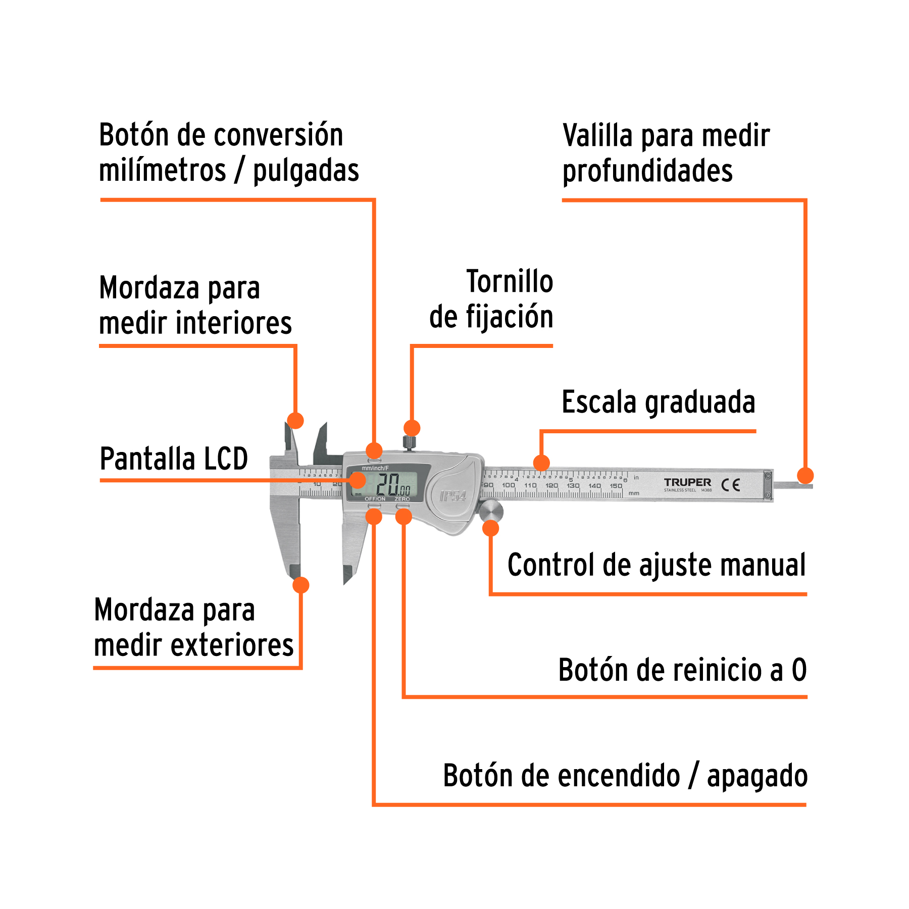 Calibrador vernier digital 6", acero inox, std y mm, TRUPER TRUPER
