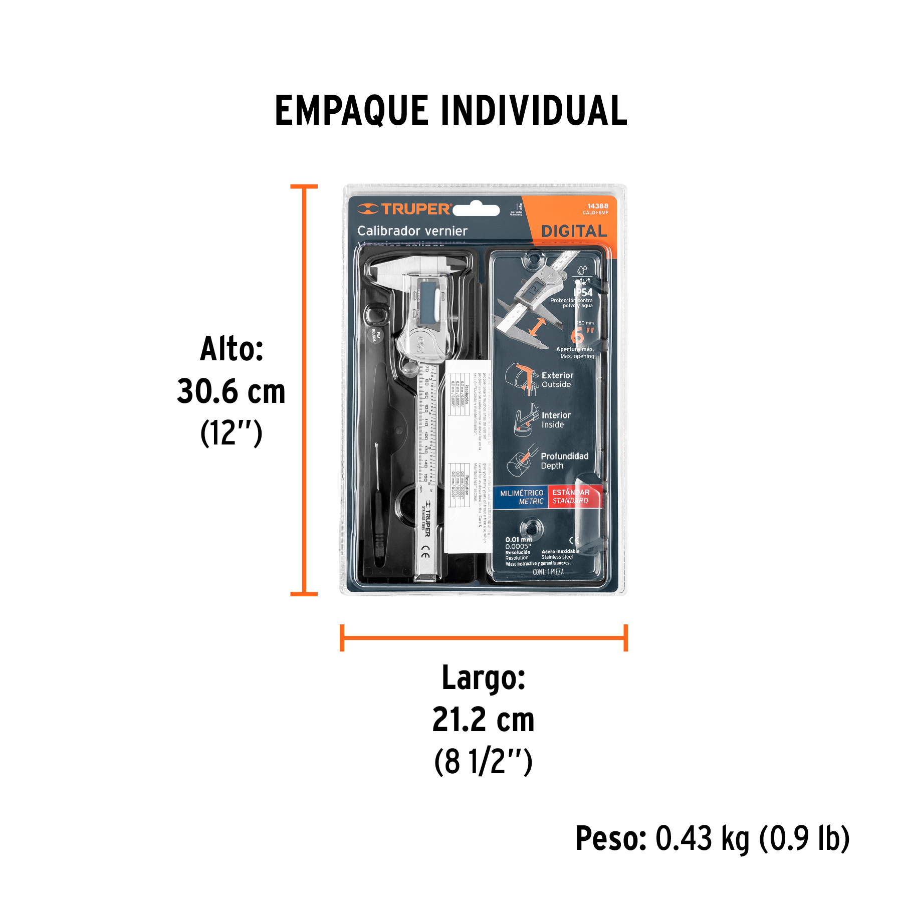 Calibrador vernier digital 6", acero inox, std y mm, TRUPER TRUPER