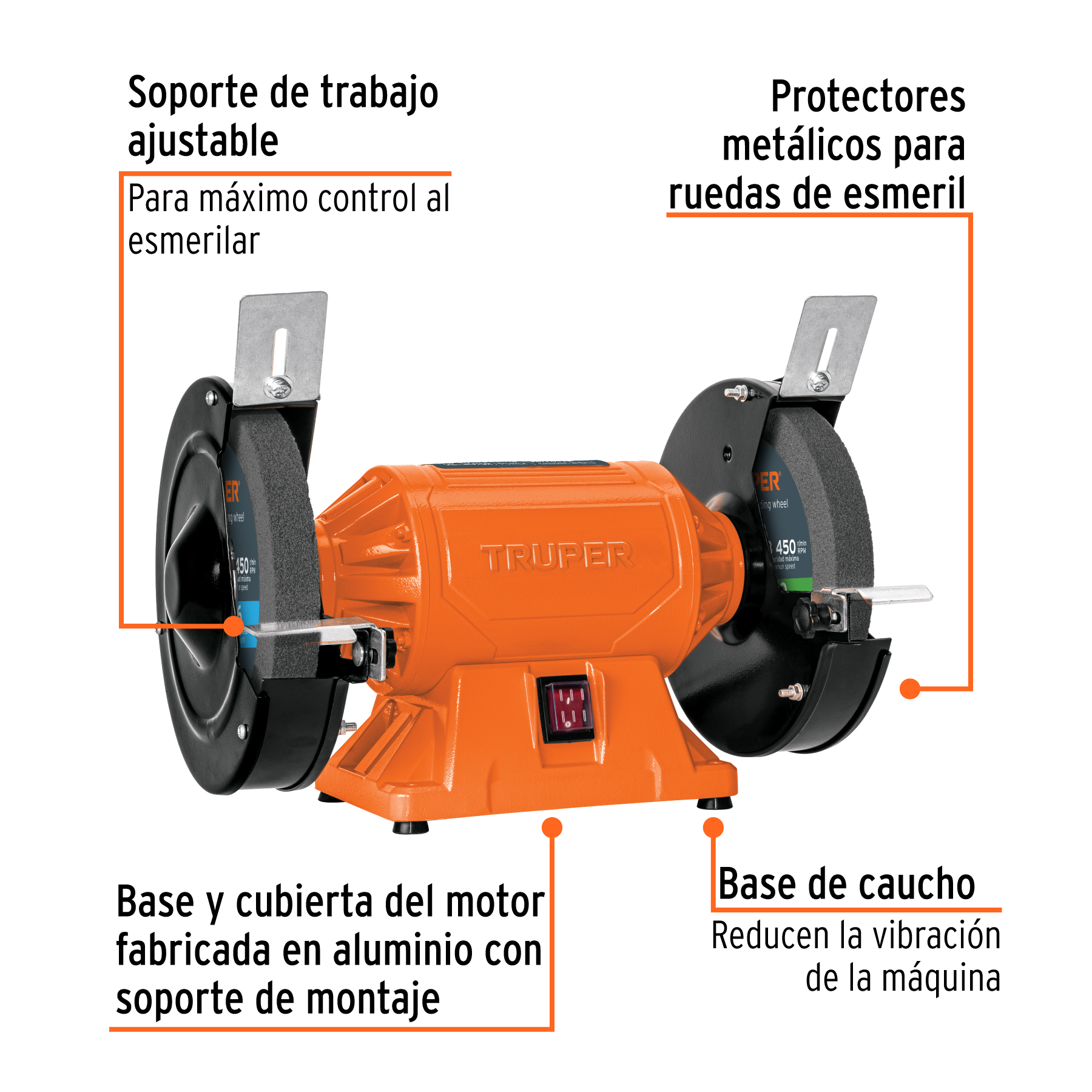 Esmeril de banco de 8" de 3/4 HP (560 W), TRUPER TRUPER