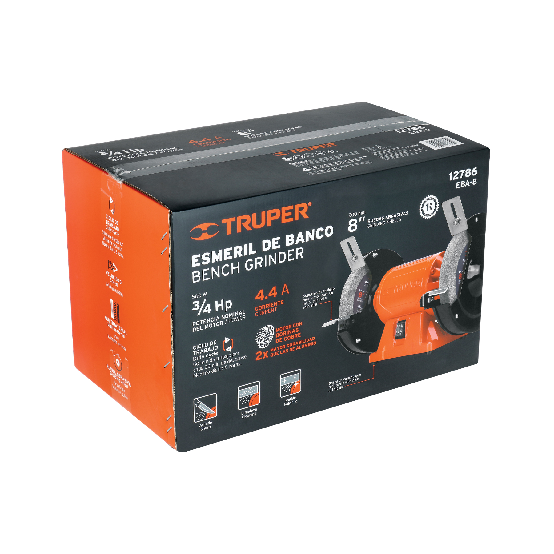 Esmeril de banco de 8" de 3/4 HP (560 W), TRUPER TRUPER