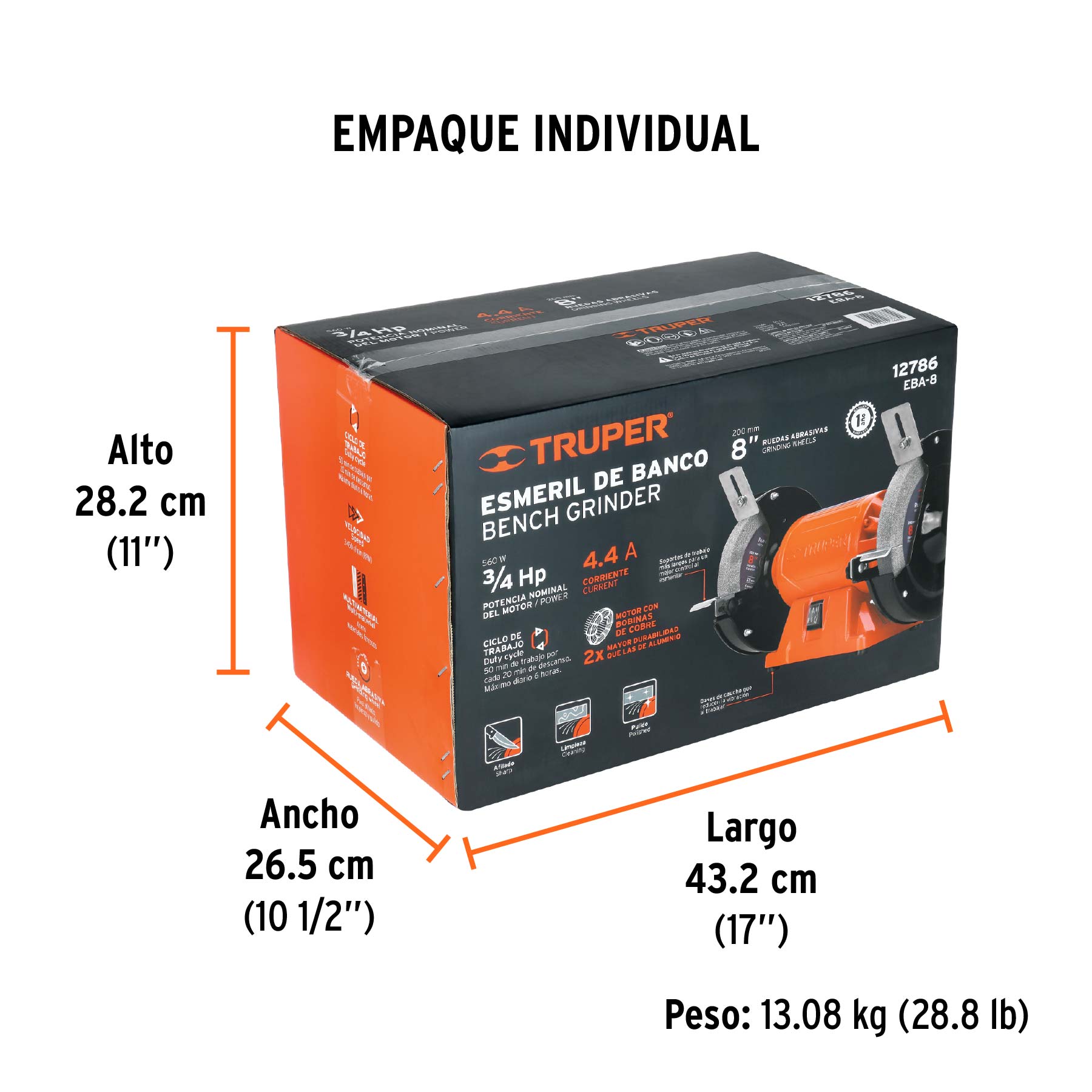 Esmeril de banco de 8" de 3/4 HP (560 W), TRUPER TRUPER