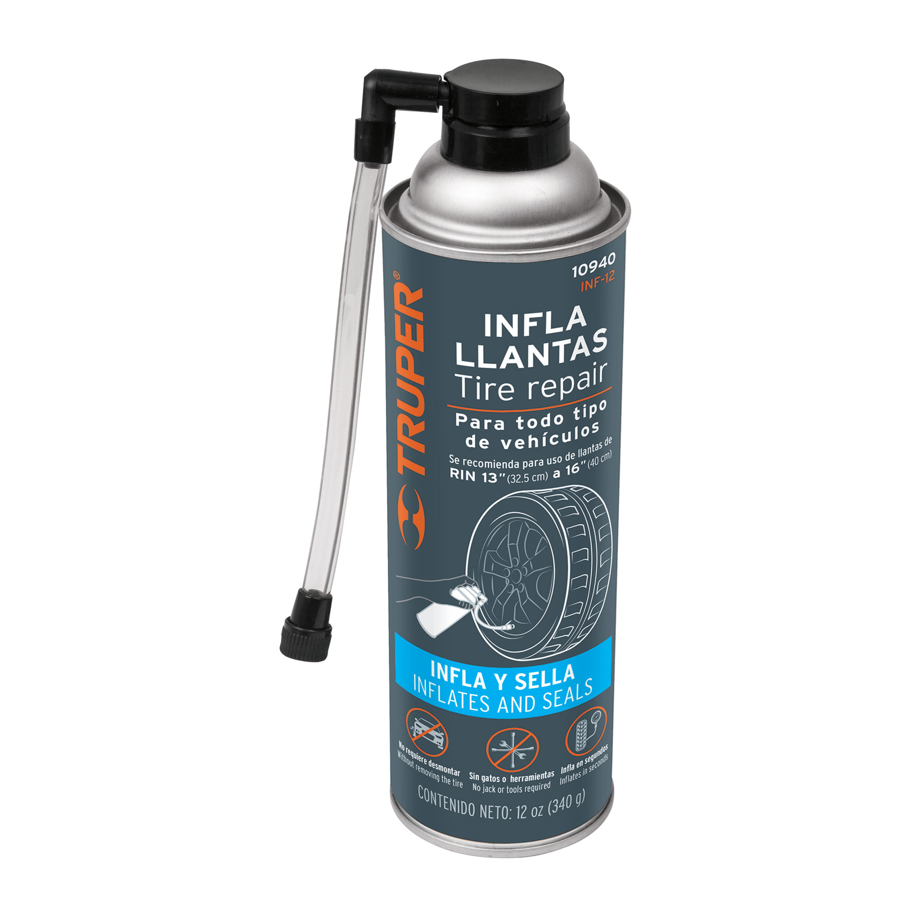 Inflallantas con sellador, 12 oz (340 g), TRUPER TRUPER