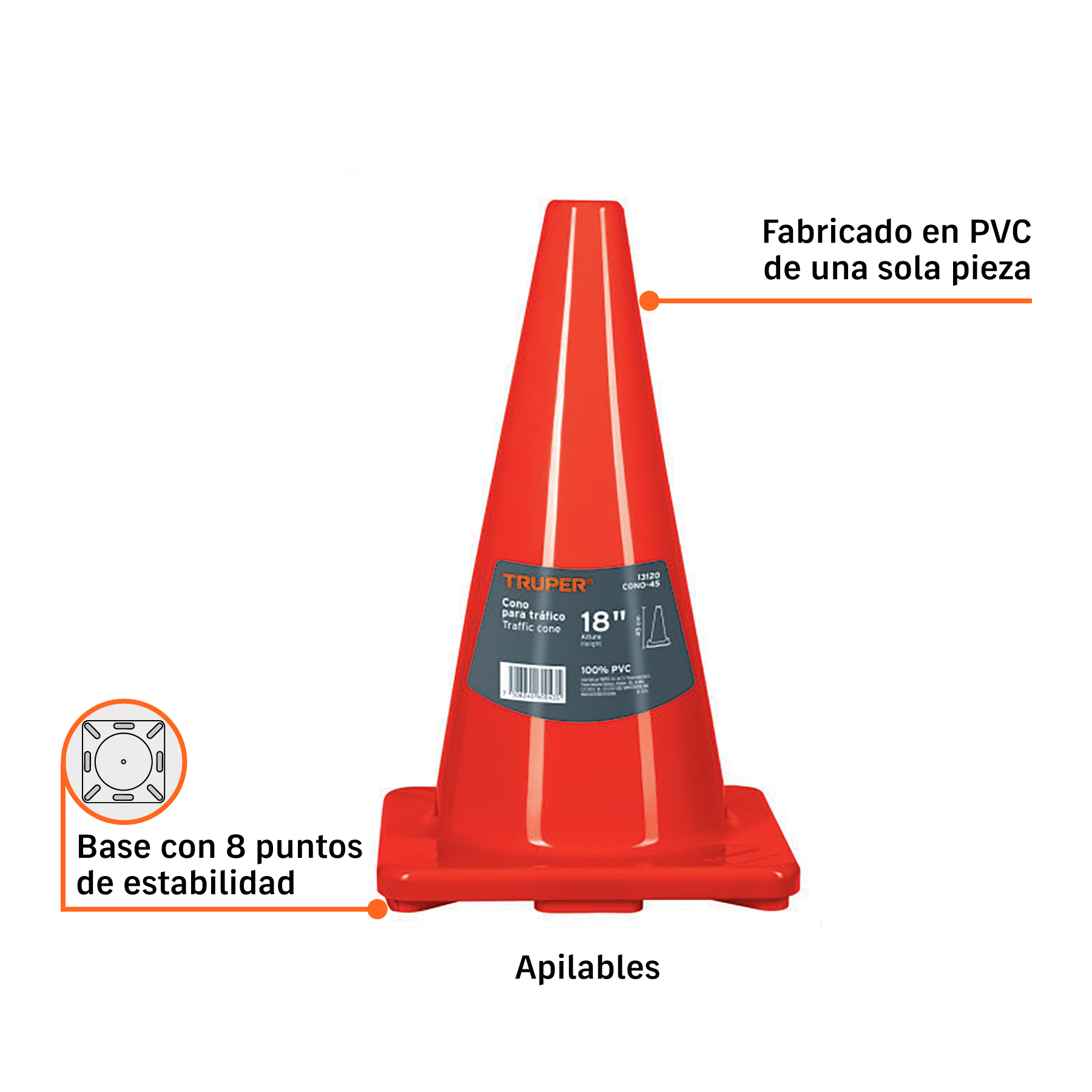 Cono de precaución de 45 cm de PVC, TRUPER TRUPER