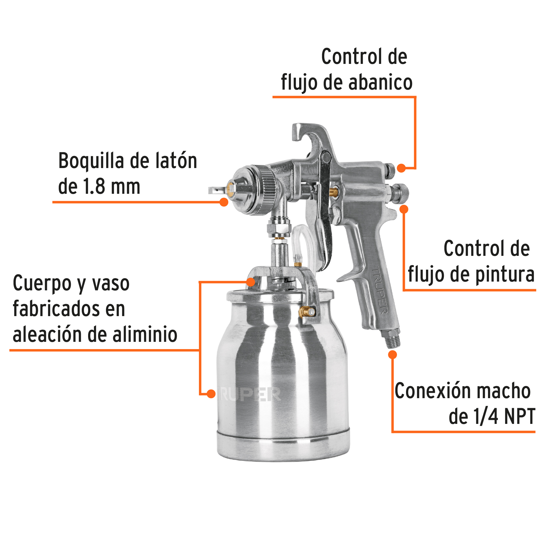 Pistola p/pintar succión HVHP vaso alum, 1.8mm, 2 vál TRUPER TRUPER
