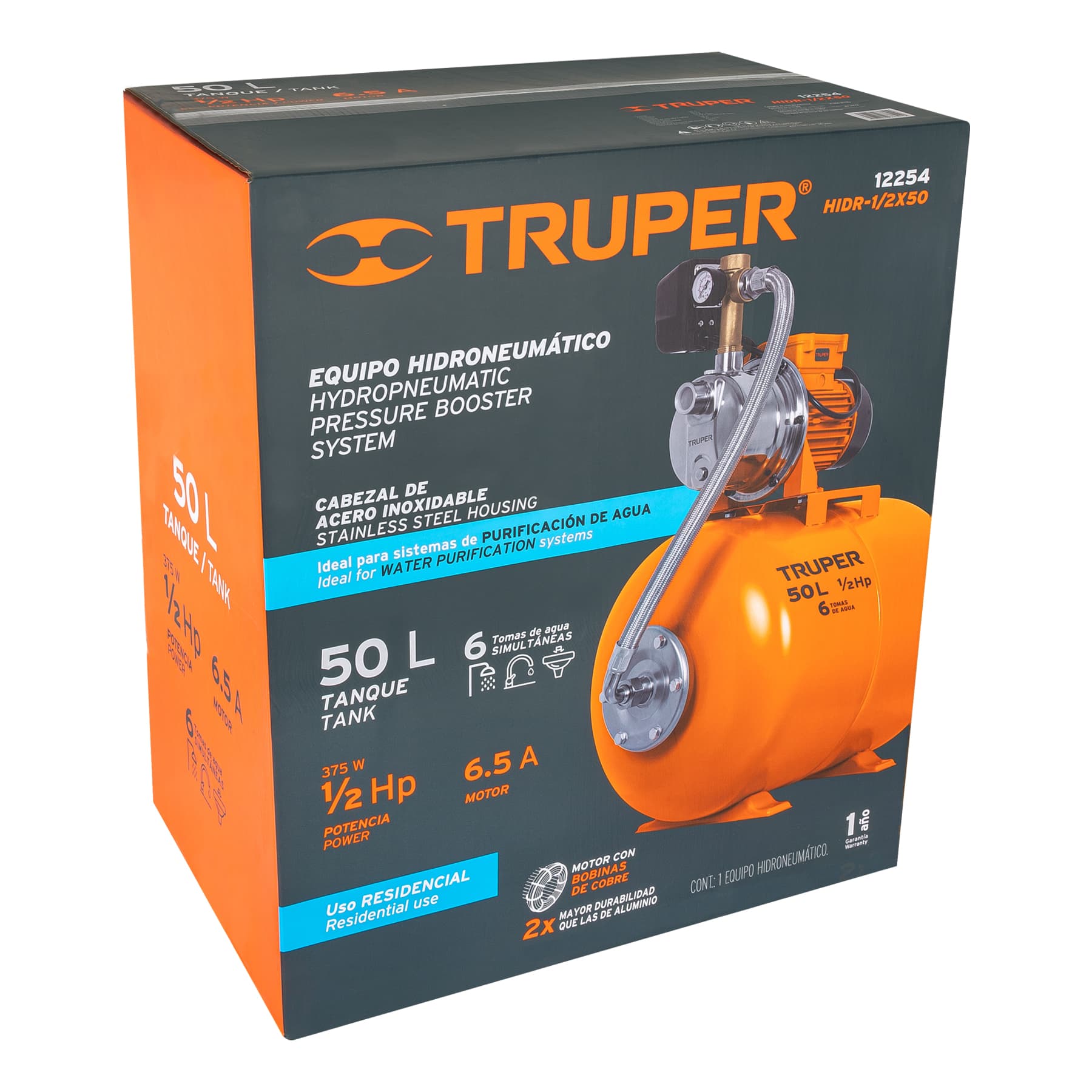 Equipo hidroneumático 50L, jet inoxidable 1/2 HP, TRUPER TRUPER