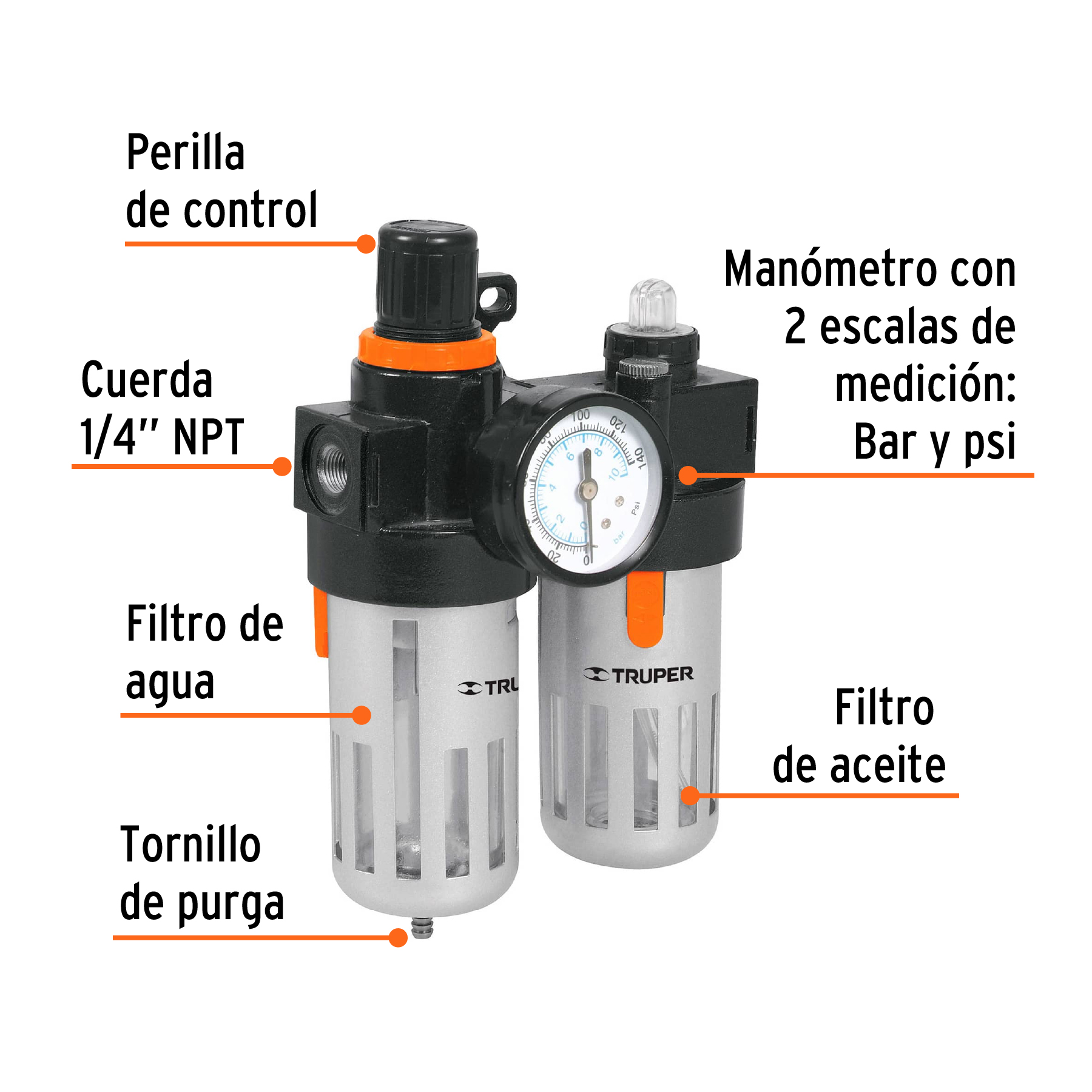 Filtro y regulador de aire con módulo de lubricación, TRUPER TRUPER