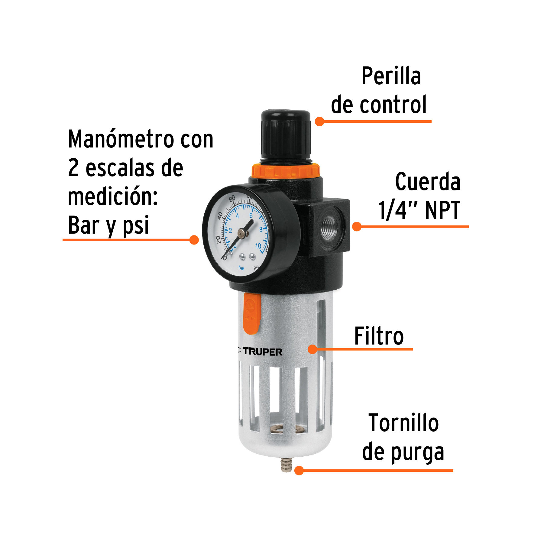Filtro y regulador, presión de aire, cuerda 1/4" NPT, TRUPER TRUPER