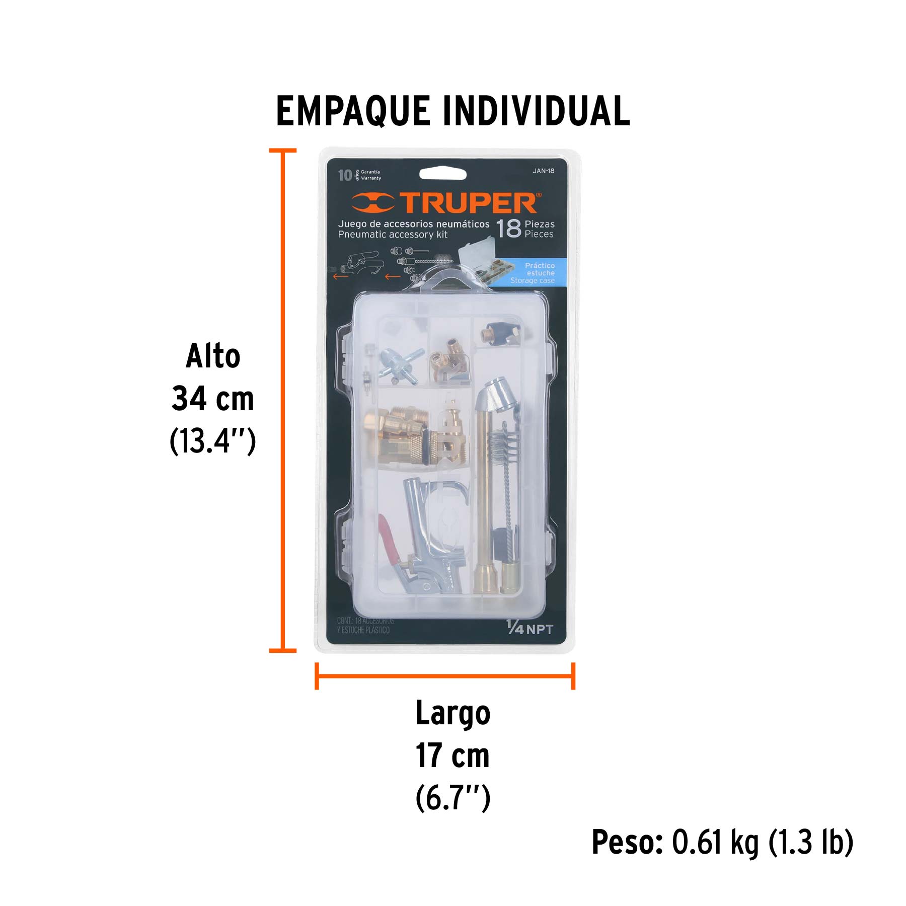 Juego de 18 accesorios neumáticos, cuerda 1/4" NPT, TRUPER TRUPER