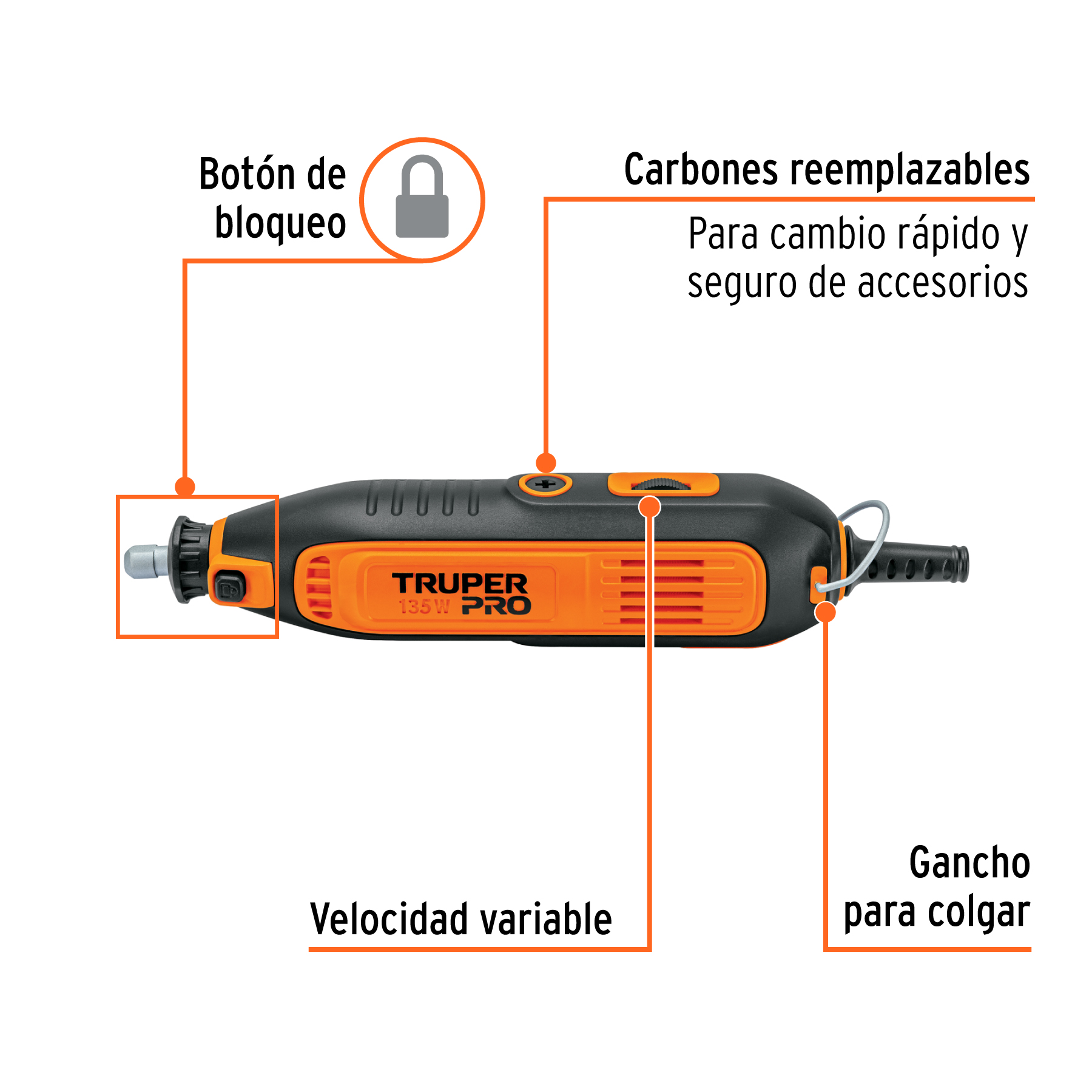Herramienta rotativa 135W con 211 accesorios, TRUPER PRO TRUPER