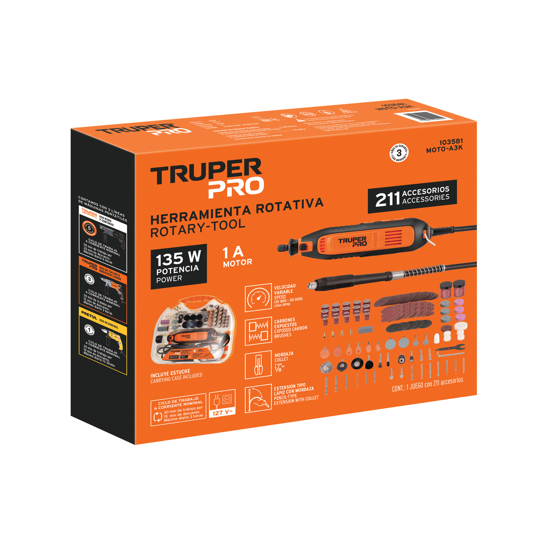 Herramienta rotativa 135W con 211 accesorios, TRUPER PRO TRUPER