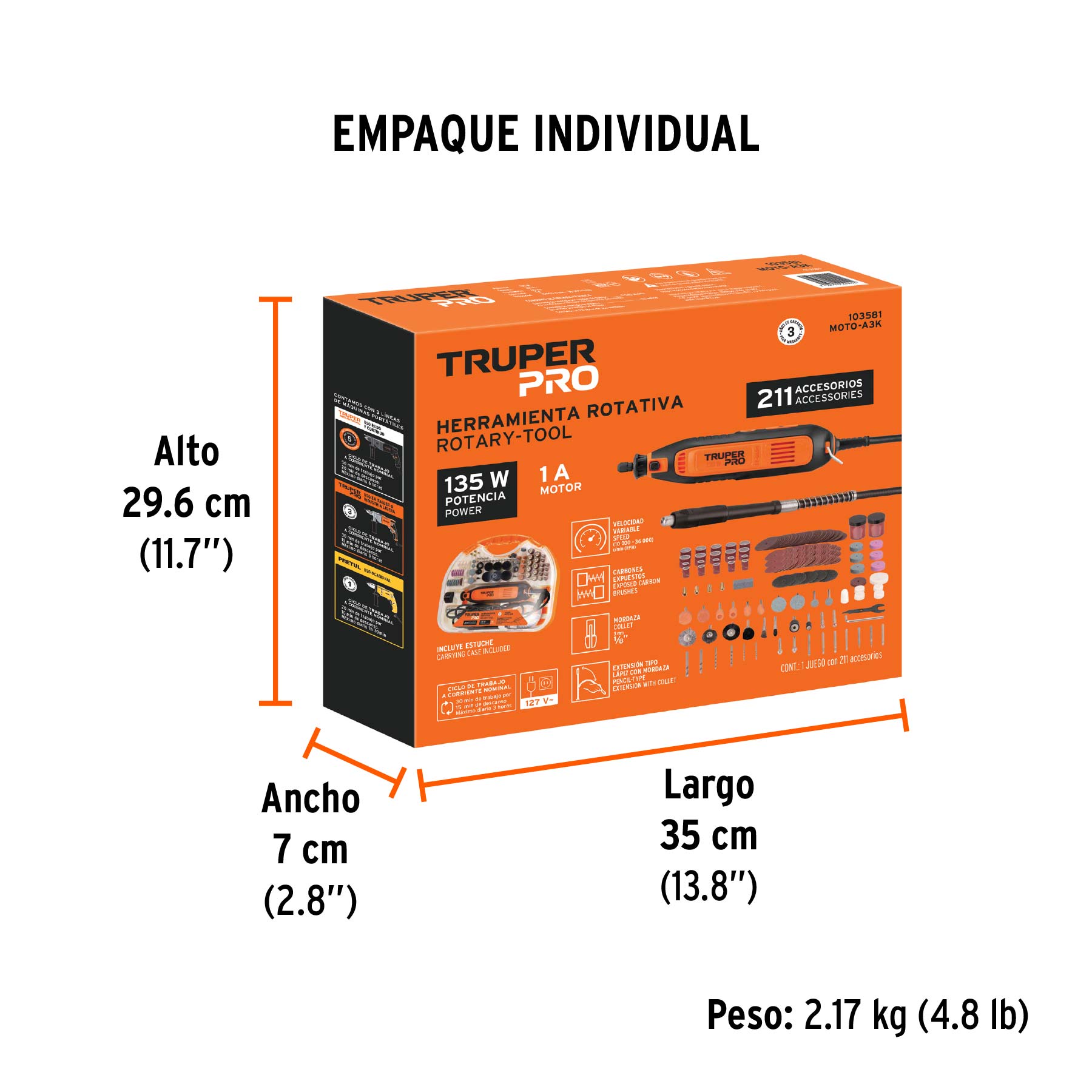 Herramienta rotativa 135W con 211 accesorios, TRUPER PRO TRUPER