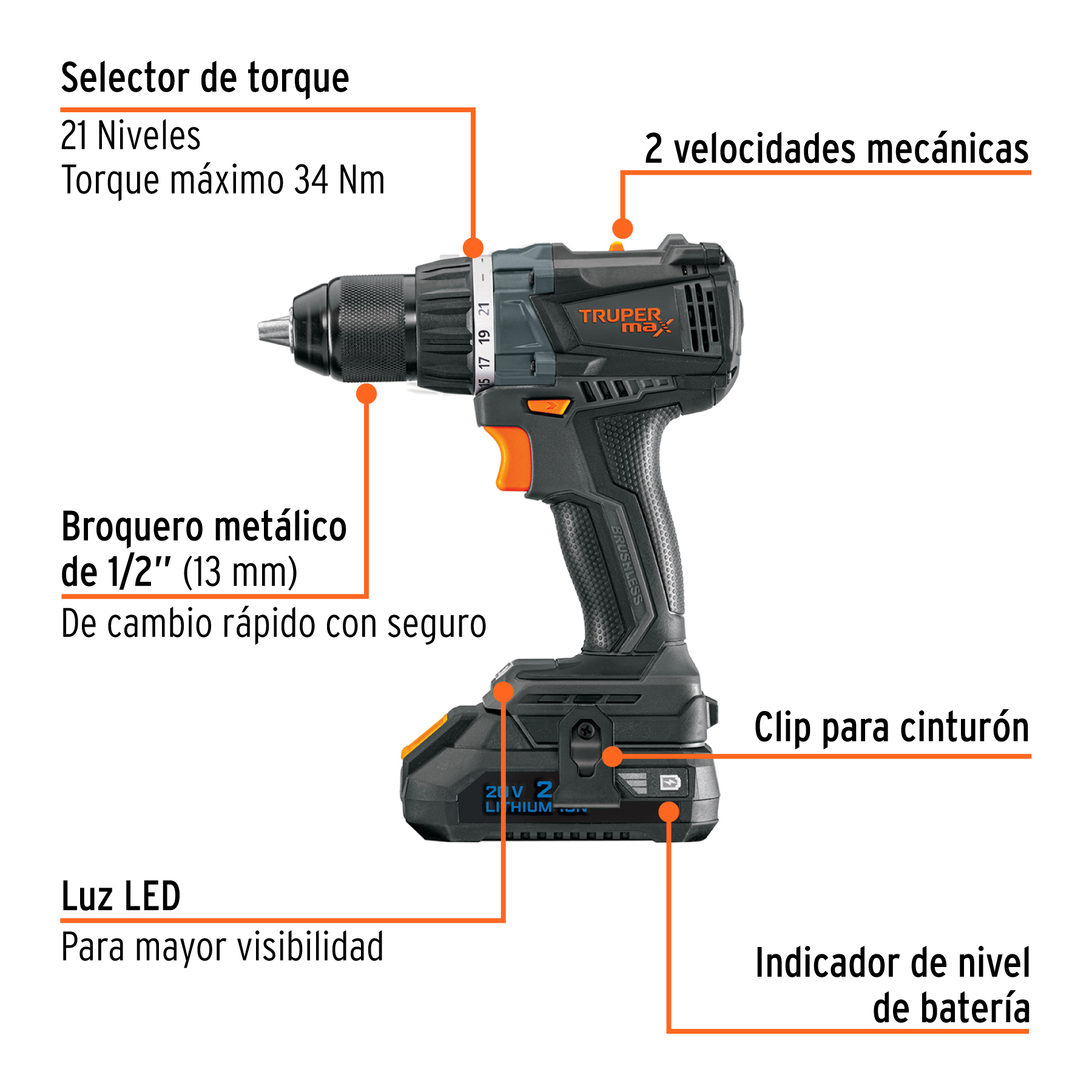 Taladro 1/2", 20V, 2 baterías 2Ah, MAX TRUPER