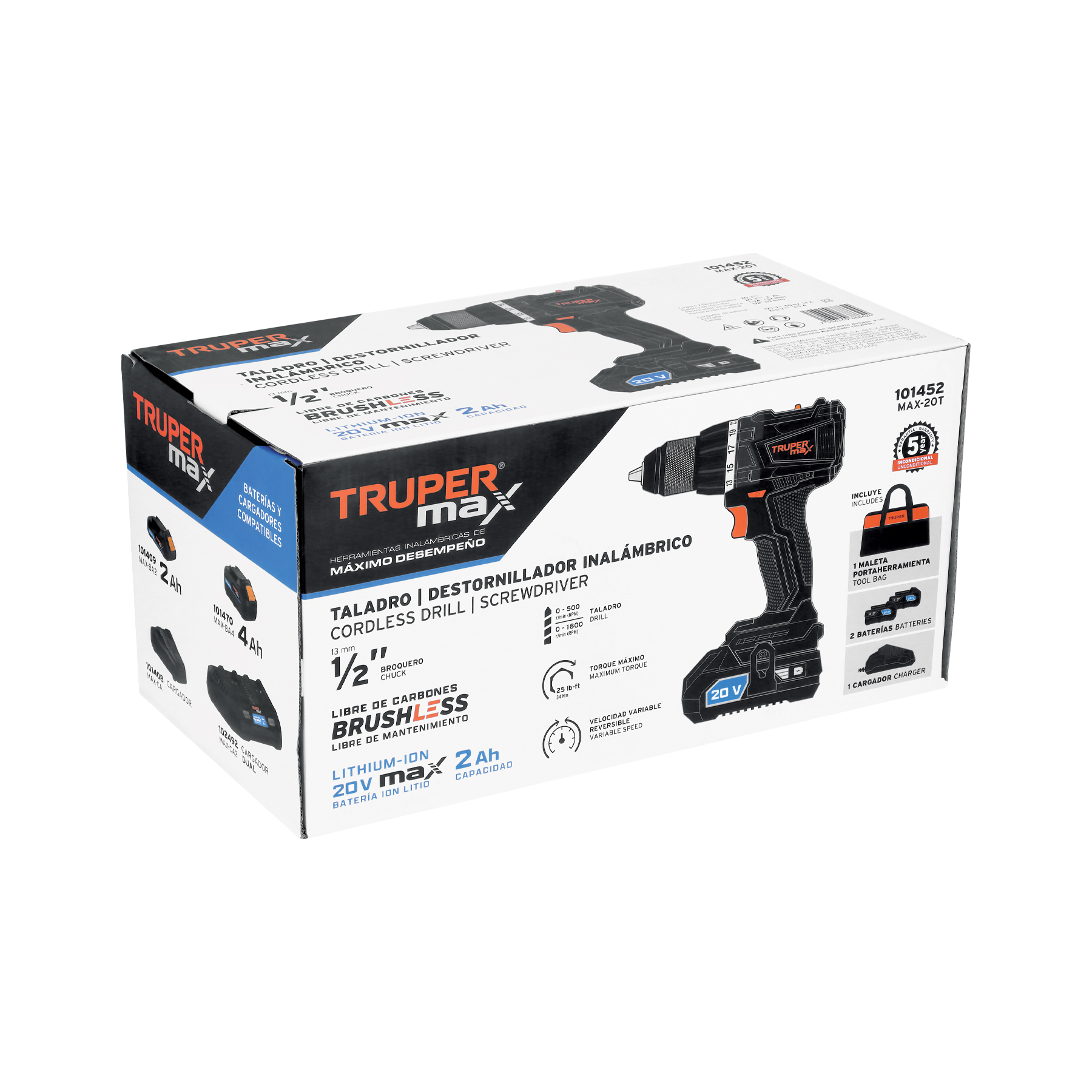 Taladro 1/2", 20V, 2 baterías 2Ah, MAX TRUPER