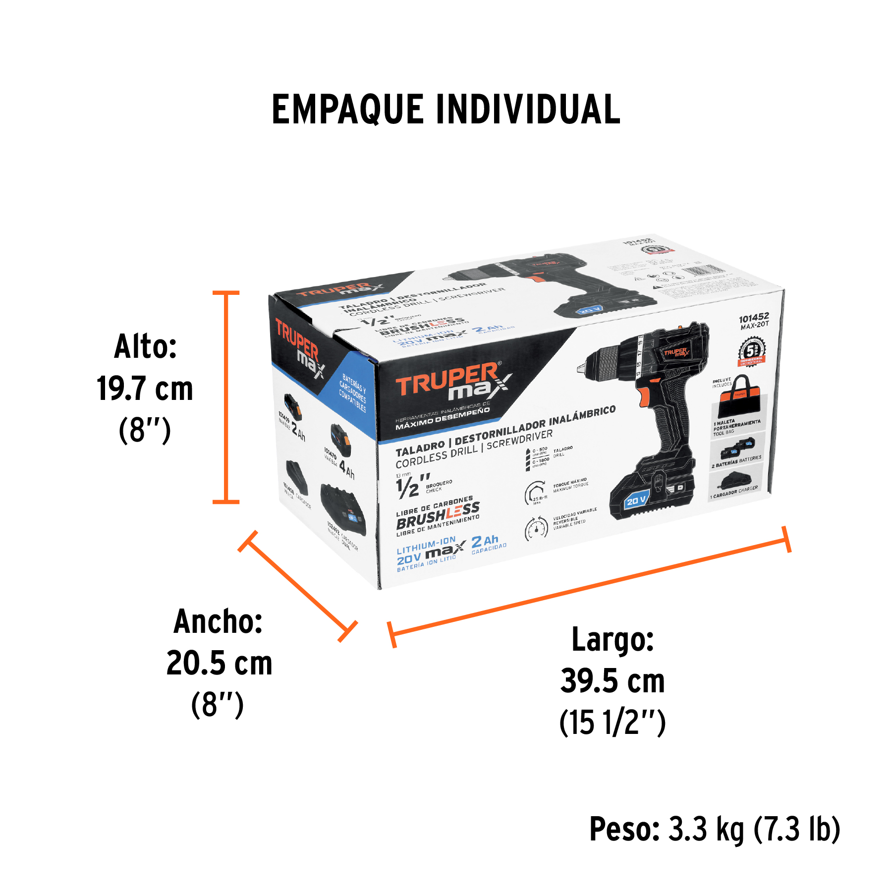 Taladro 1/2", 20V, 2 baterías 2Ah, MAX TRUPER