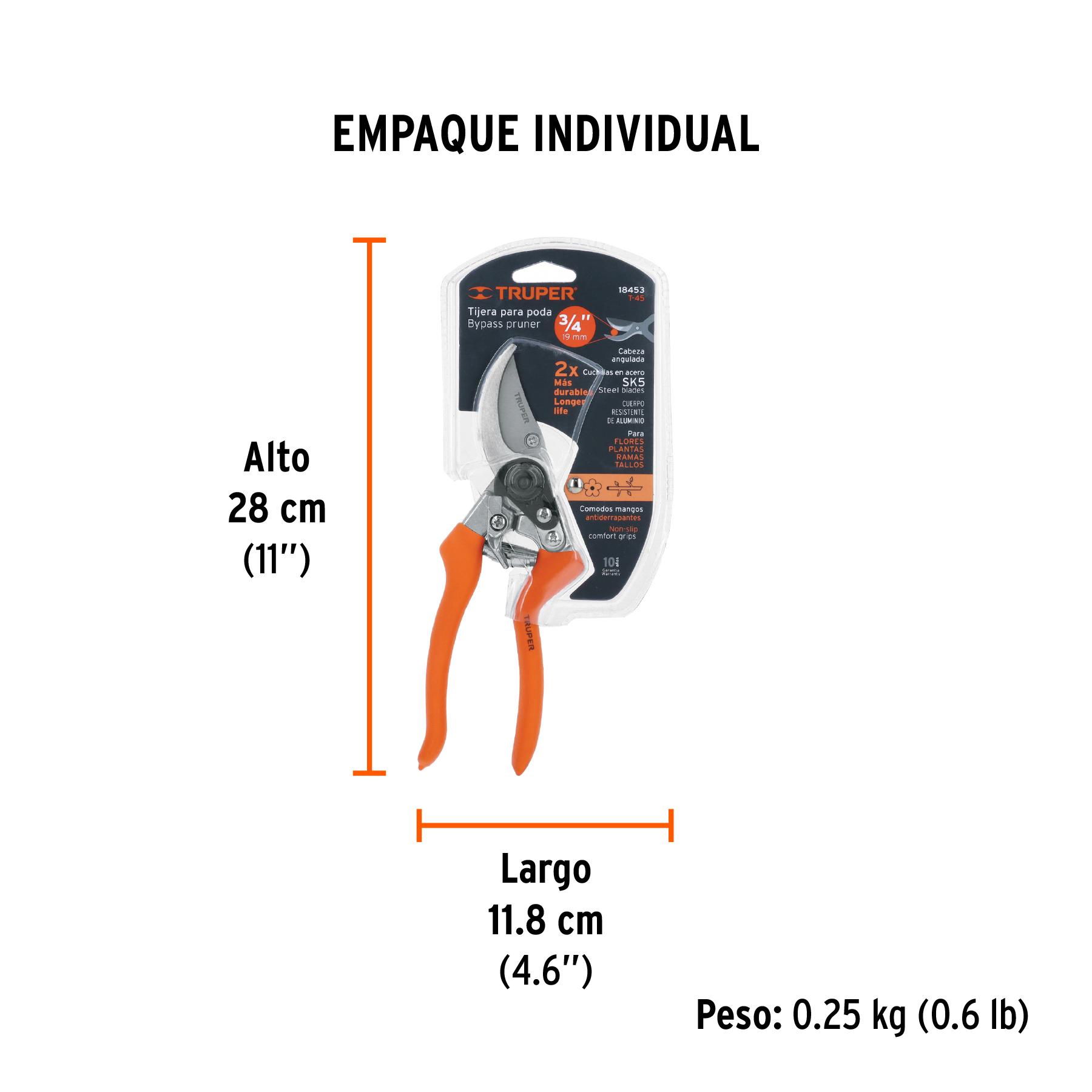 Tijera para poda 8" de aluminio cuchilla de paso, TRUPER TRUPER