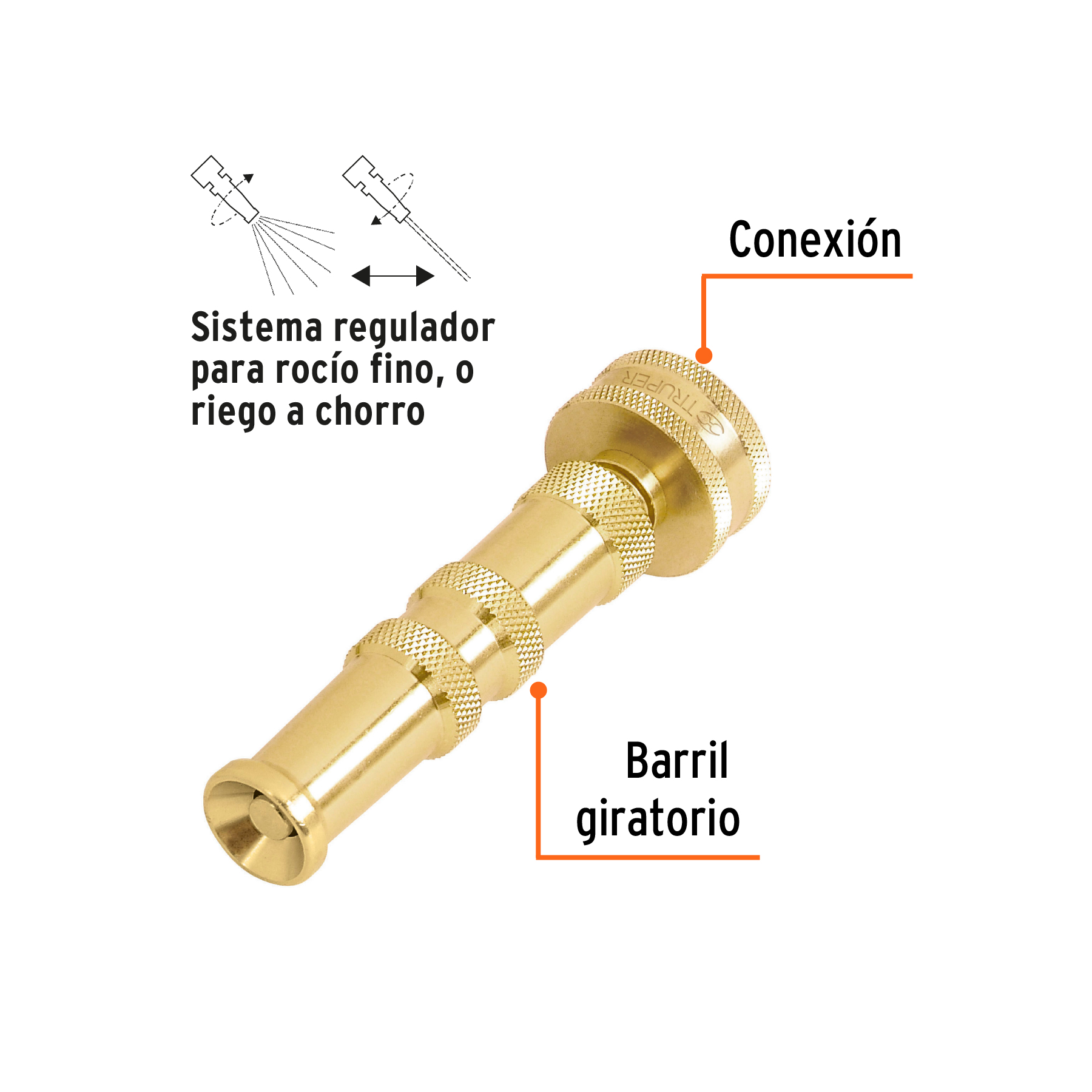 Chiflón 4" de latón maquinado para manguera, TRUPER TRUPER
