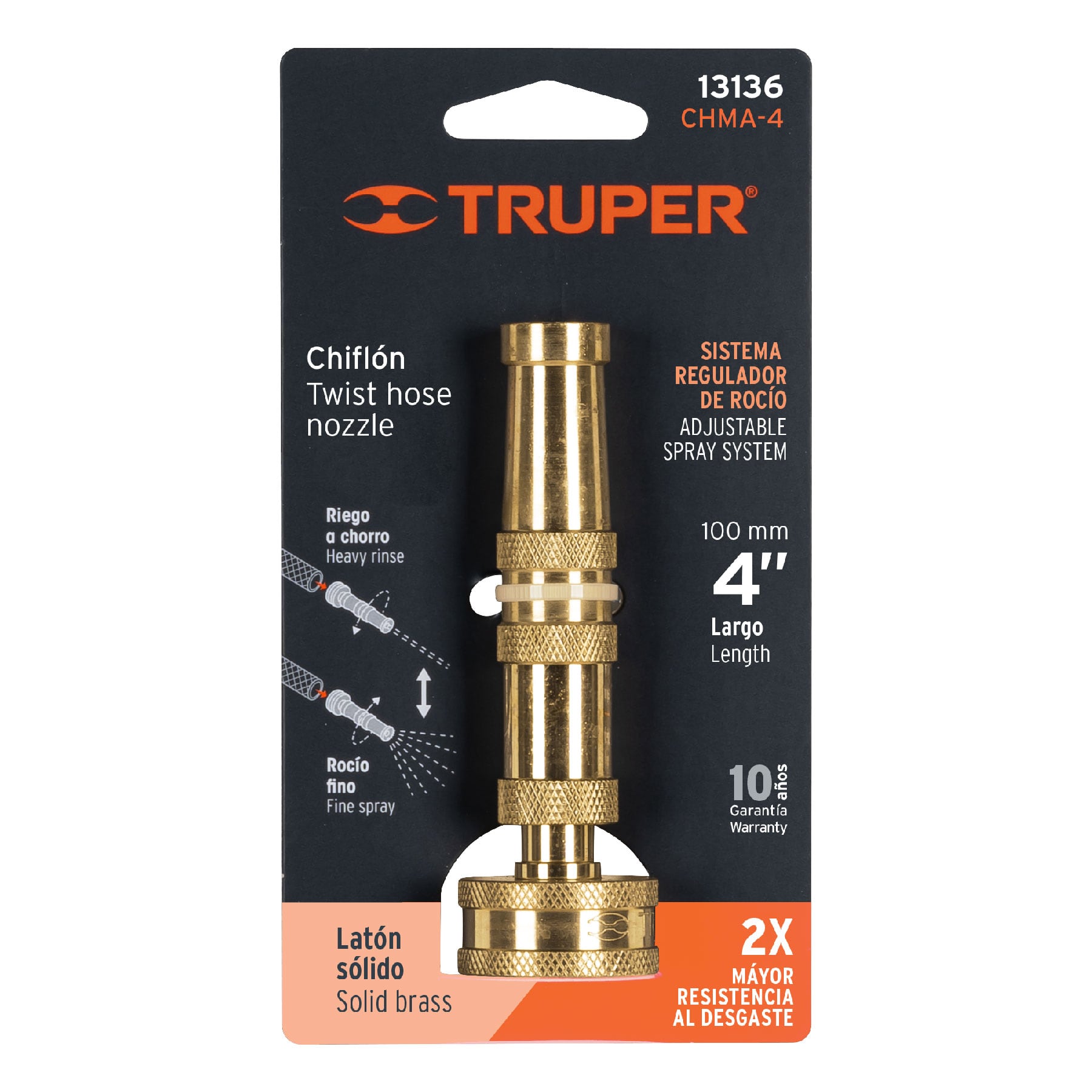 Chiflón 4" de latón maquinado para manguera, TRUPER TRUPER