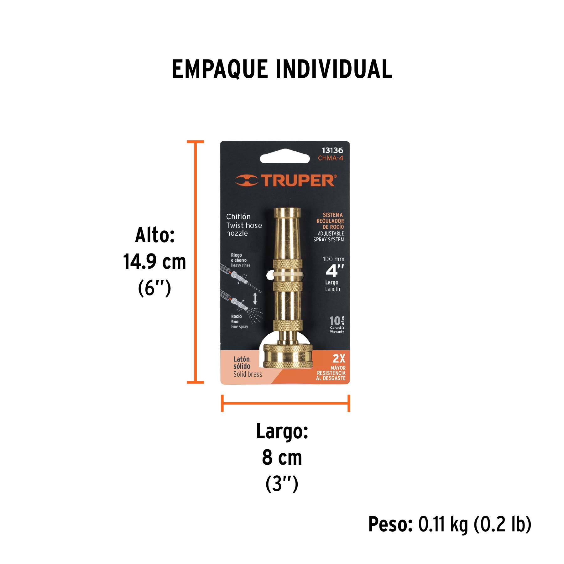 Chiflón 4" de latón maquinado para manguera, TRUPER TRUPER