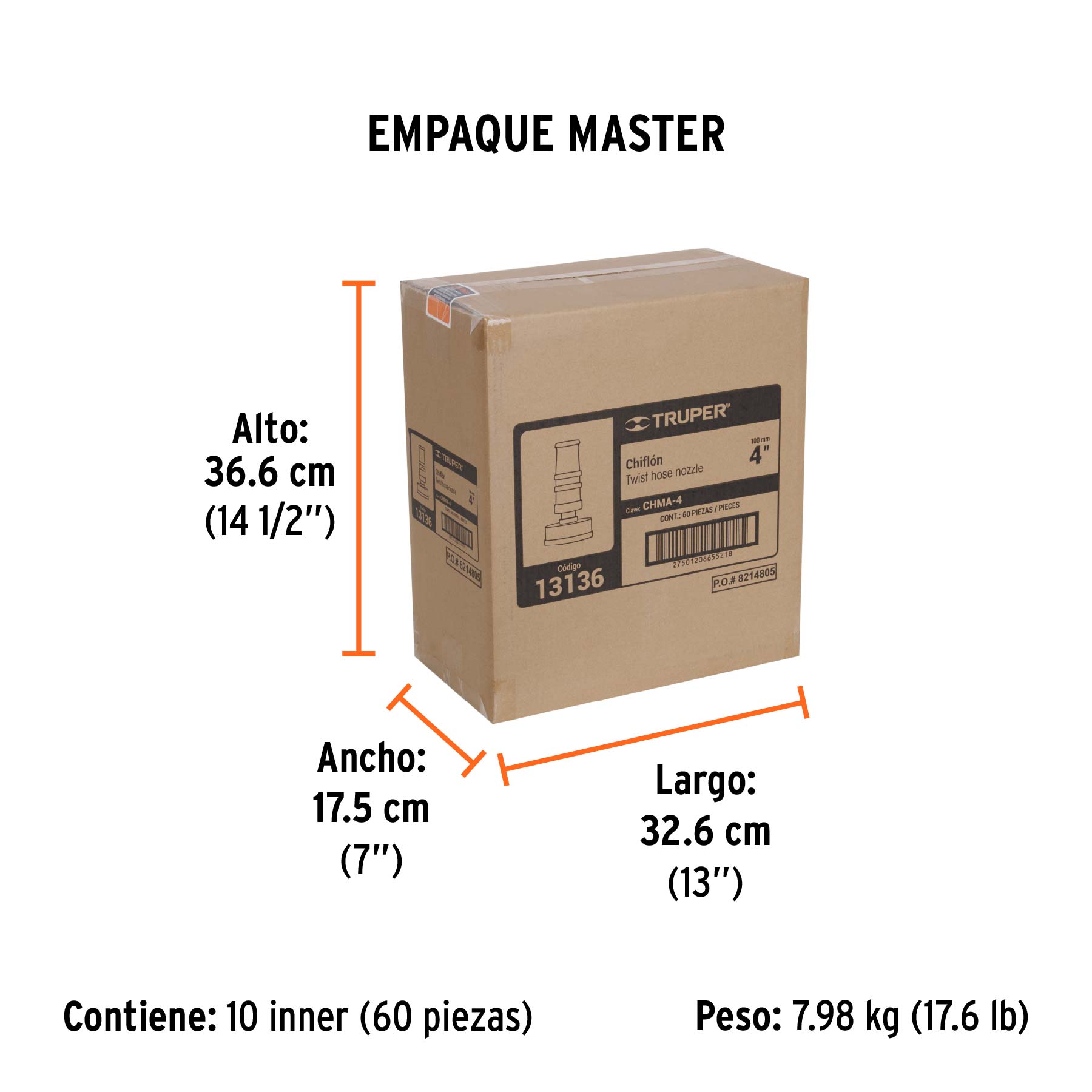 Chiflón 4" de latón maquinado para manguera, TRUPER TRUPER