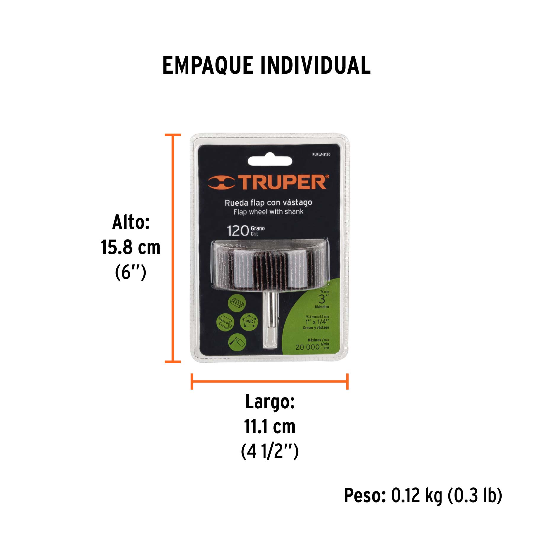 Rueda flap de 3", grano 120, TRUPER TRUPER