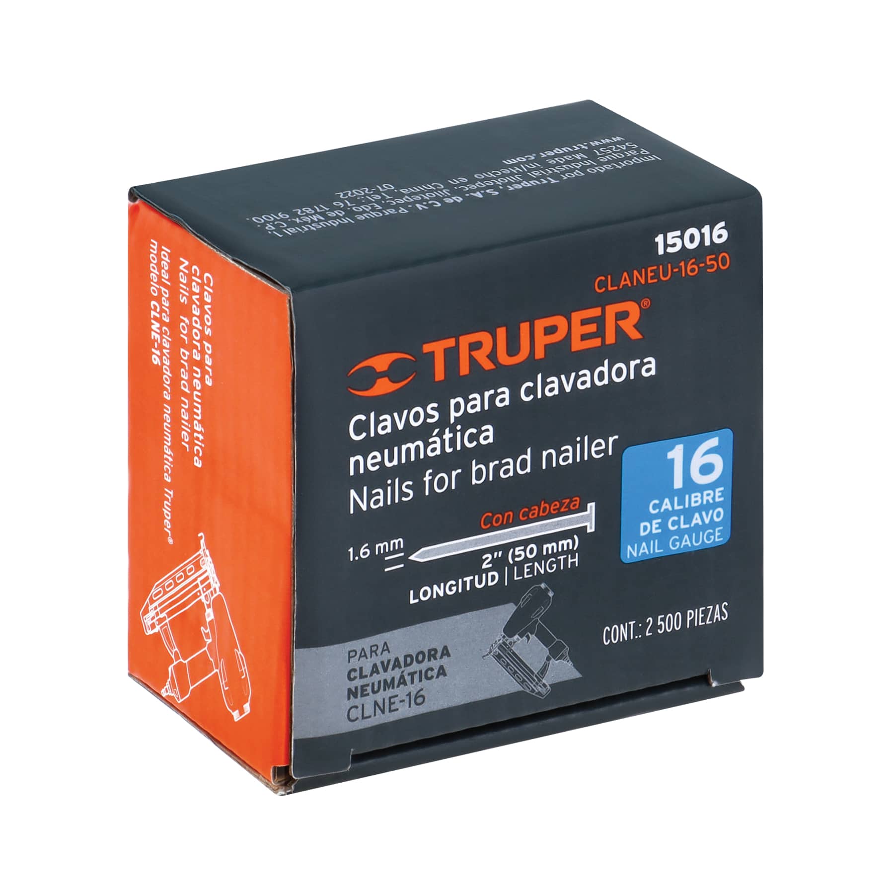 Caja con 2500 clavos calibre 16, 50 mm para CLNE-16, TRUPER TRUPER