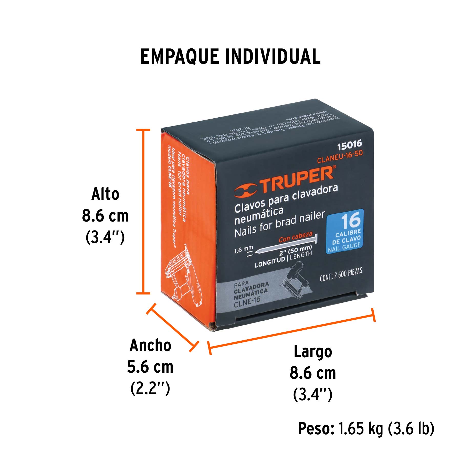 Caja con 2500 clavos calibre 16, 50 mm para CLNE-16, TRUPER TRUPER