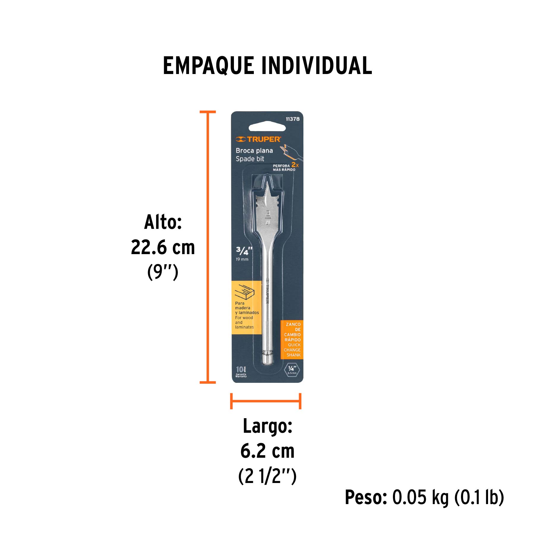 Broca plana de manita 3/4" para madera, TRUPER TRUPER