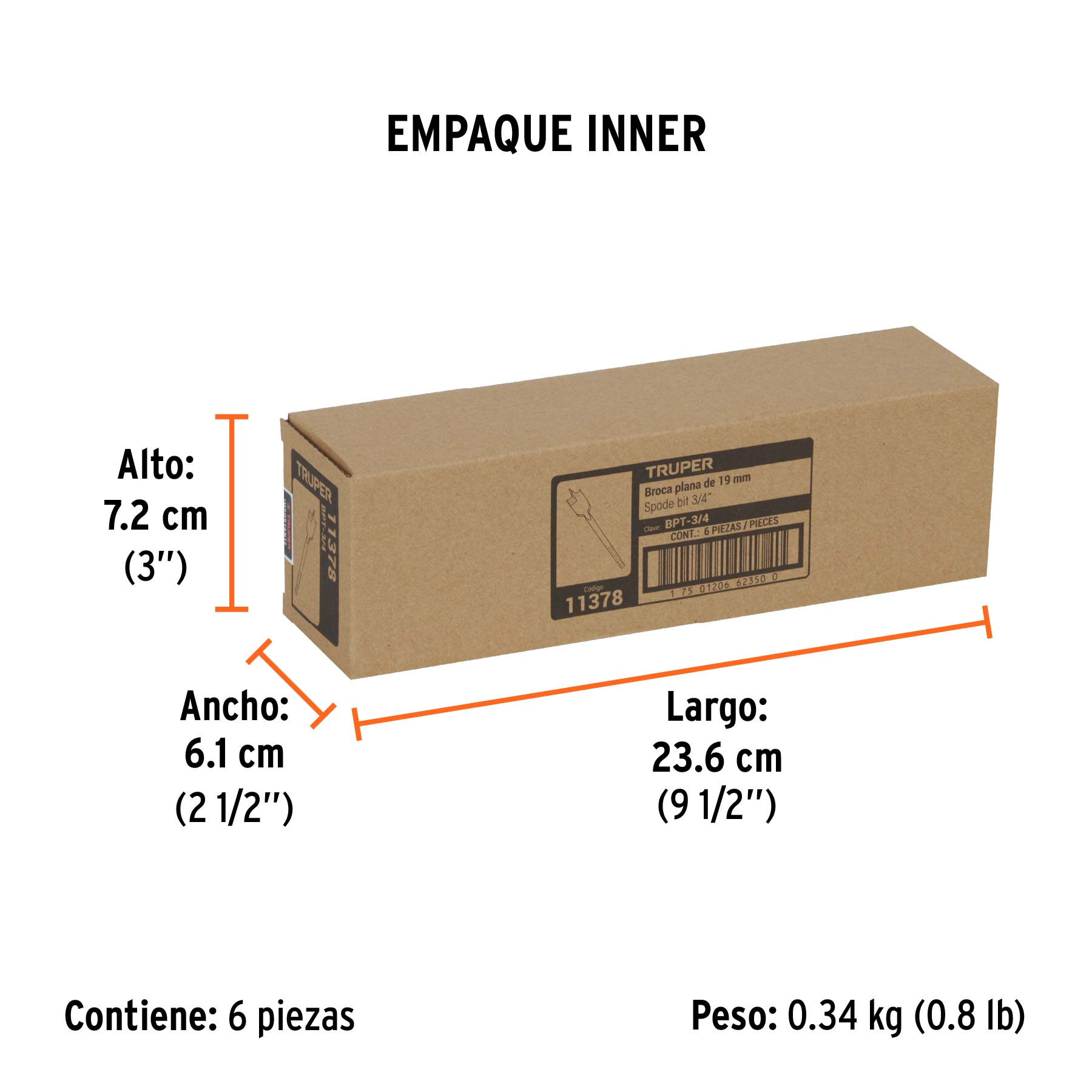 Broca plana de manita 3/4" para madera, TRUPER TRUPER