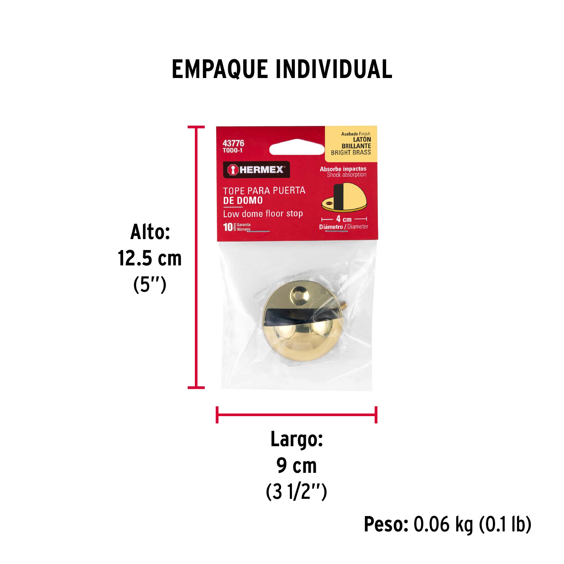 Tope tipo media luna para puerta, latón brillante, HERMEX TRUPER