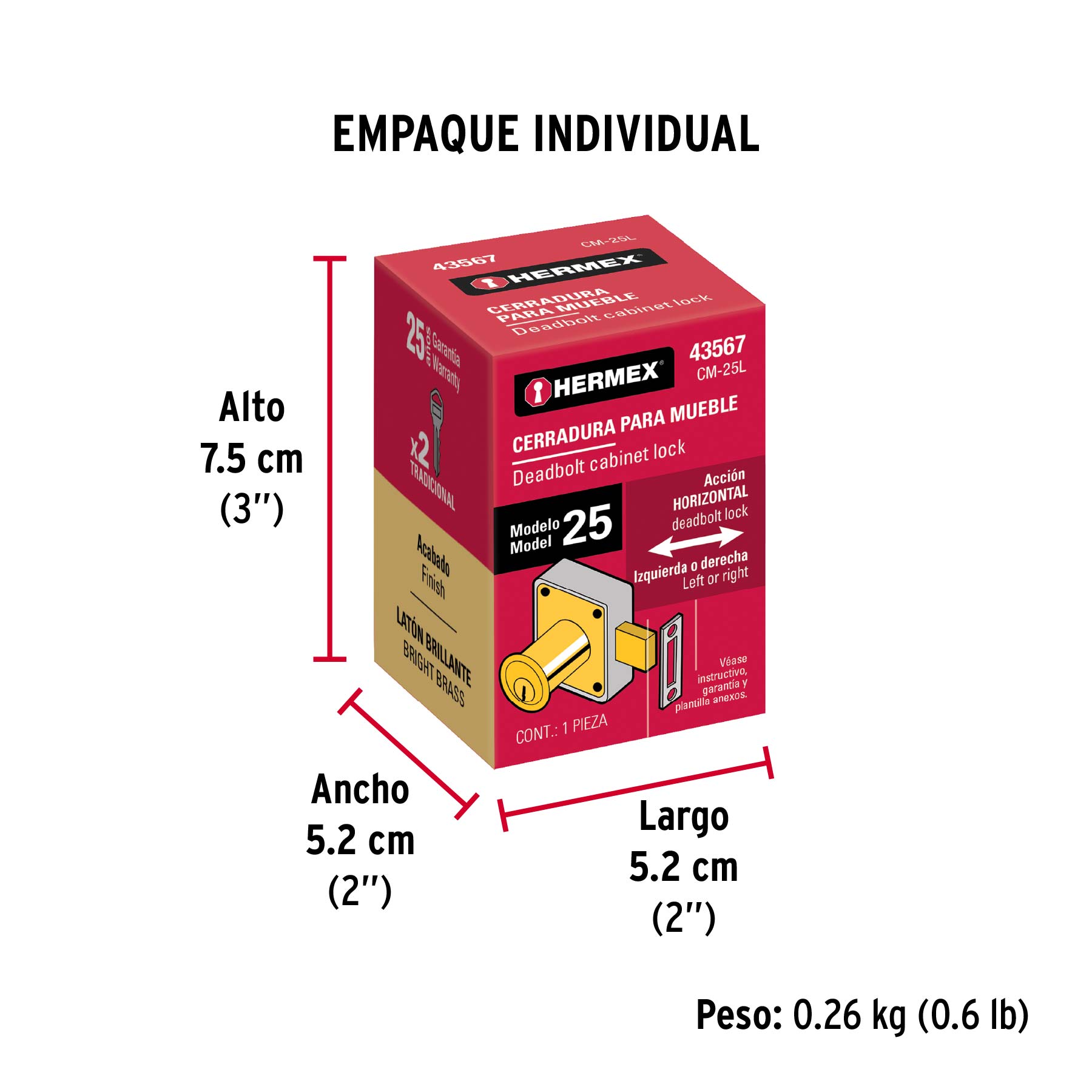 Cerradura para mueble, modelo 25, latón, HERMEX TRUPER
