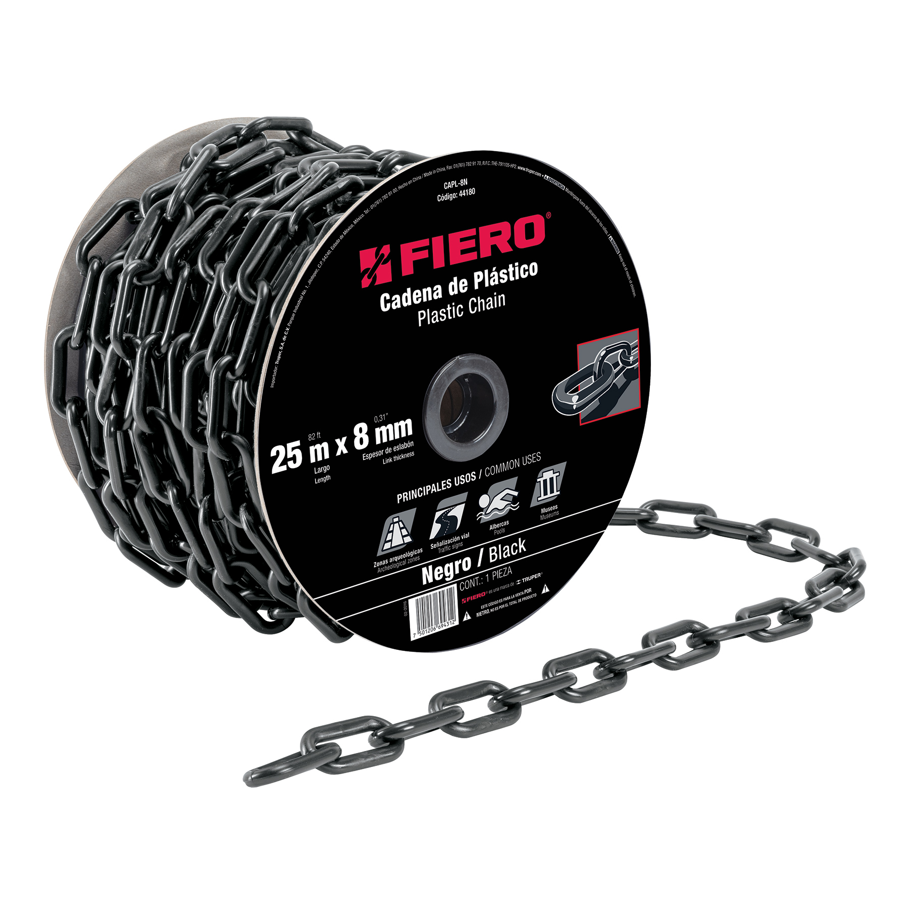Metro de cadena de 8 mm de plástico negra, carrete de 25 m TRUPER