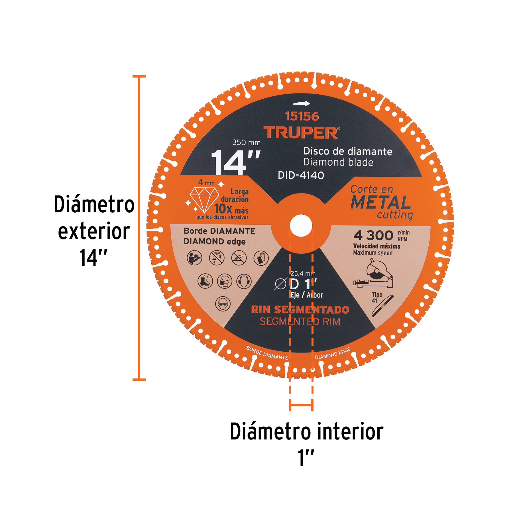 Disco de diamante de 14" x 4 mm, corte de metal, TRUPER TRUPER
