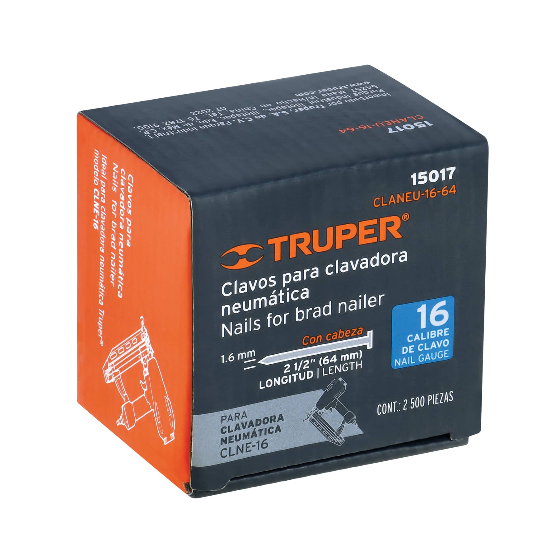Caja con 2500 clavos calibre 16, 64 mm para CLNE-16, TRUPER TRUPER