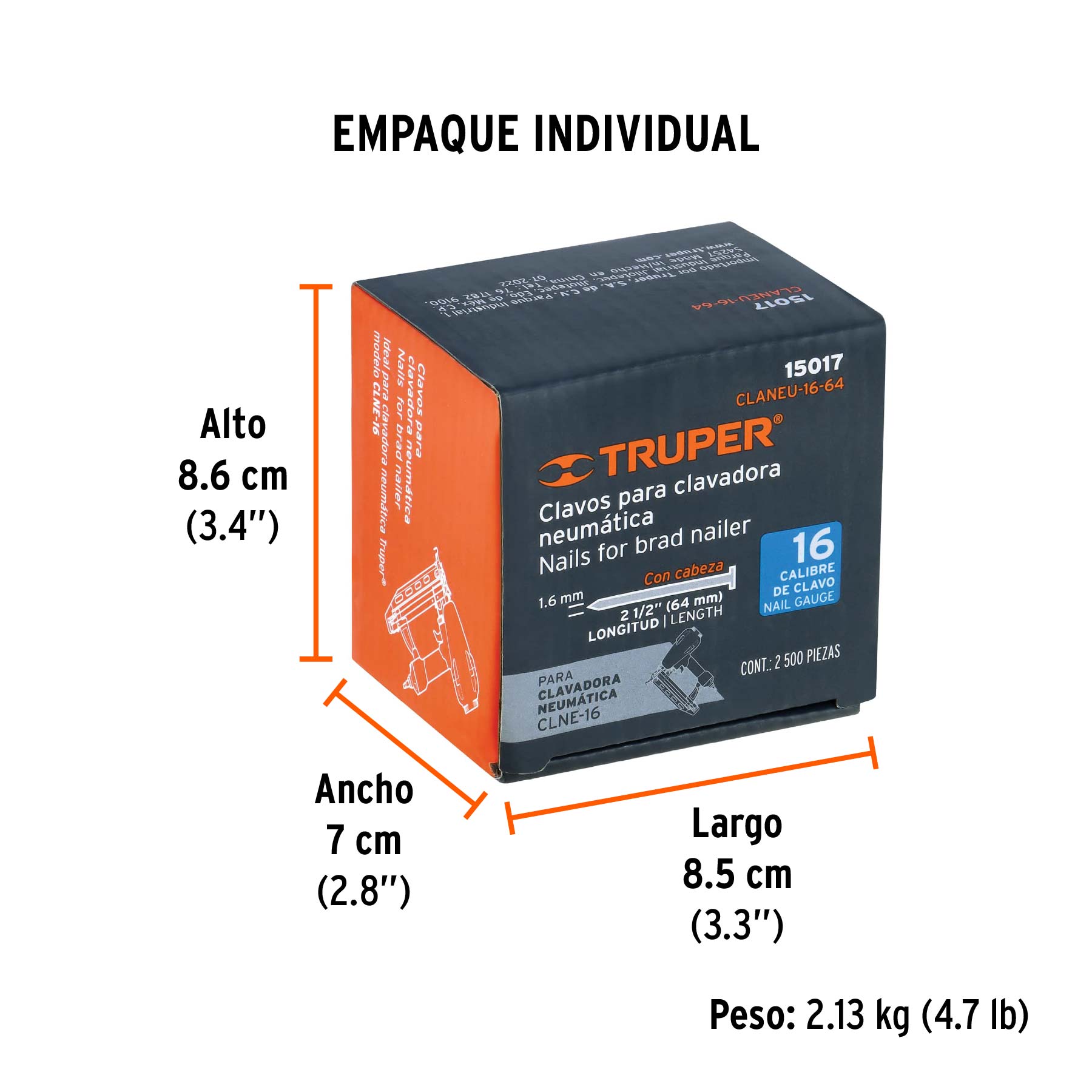 Caja con 2500 clavos calibre 16, 64 mm para CLNE-16, TRUPER TRUPER