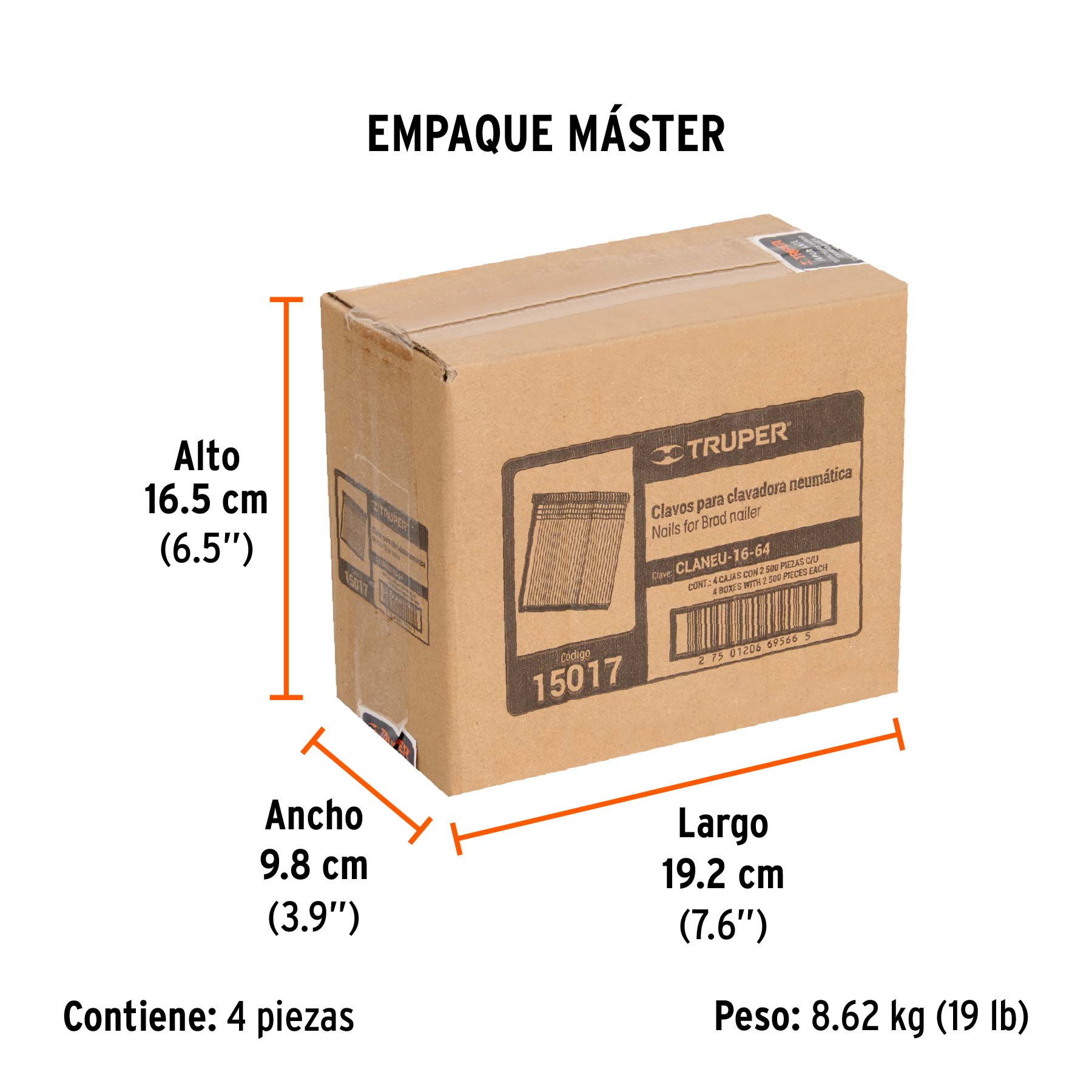 Caja con 2500 clavos calibre 16, 64 mm para CLNE-16, TRUPER TRUPER