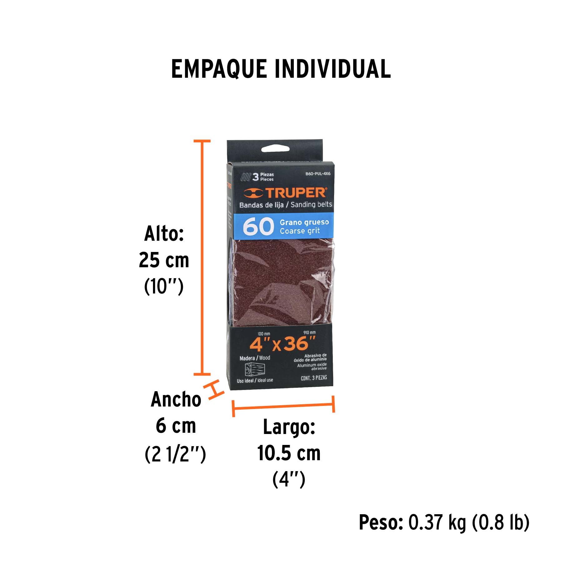 Caja con 3 bandas de lija 4" x 36" grano 60 para PUL-4X6T TRUPER