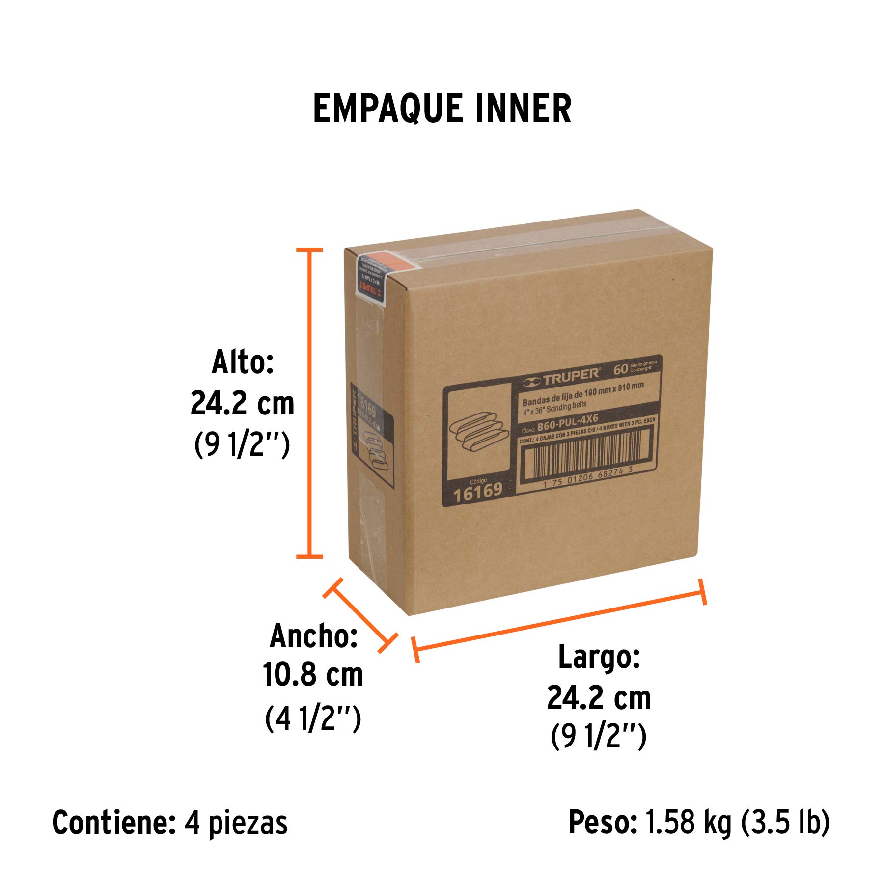 Caja con 3 bandas de lija 4" x 36" grano 60 para PUL-4X6T TRUPER