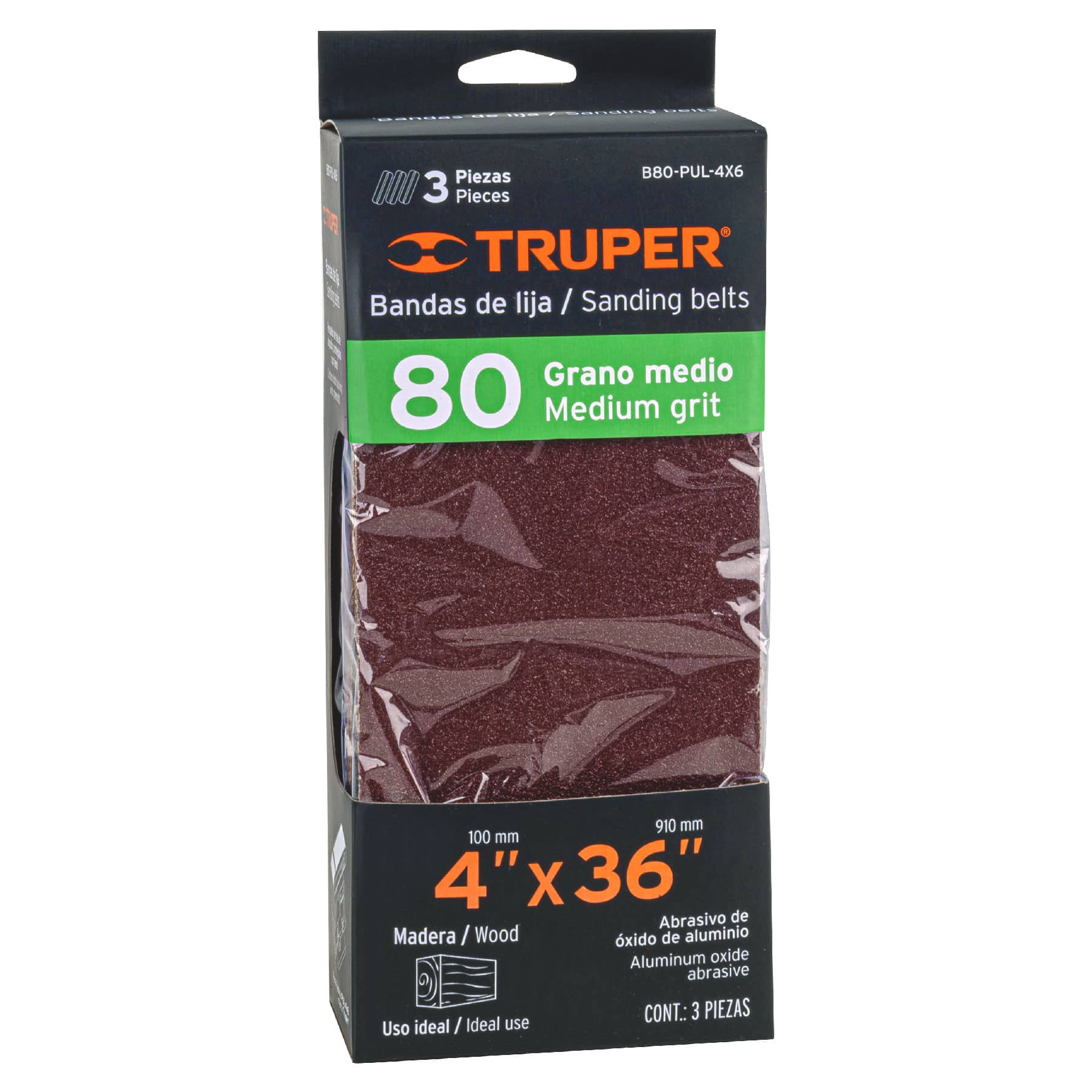 Caja con 3 bandas de lija 4" x 36" grano 80 para PUL-4X6T TRUPER