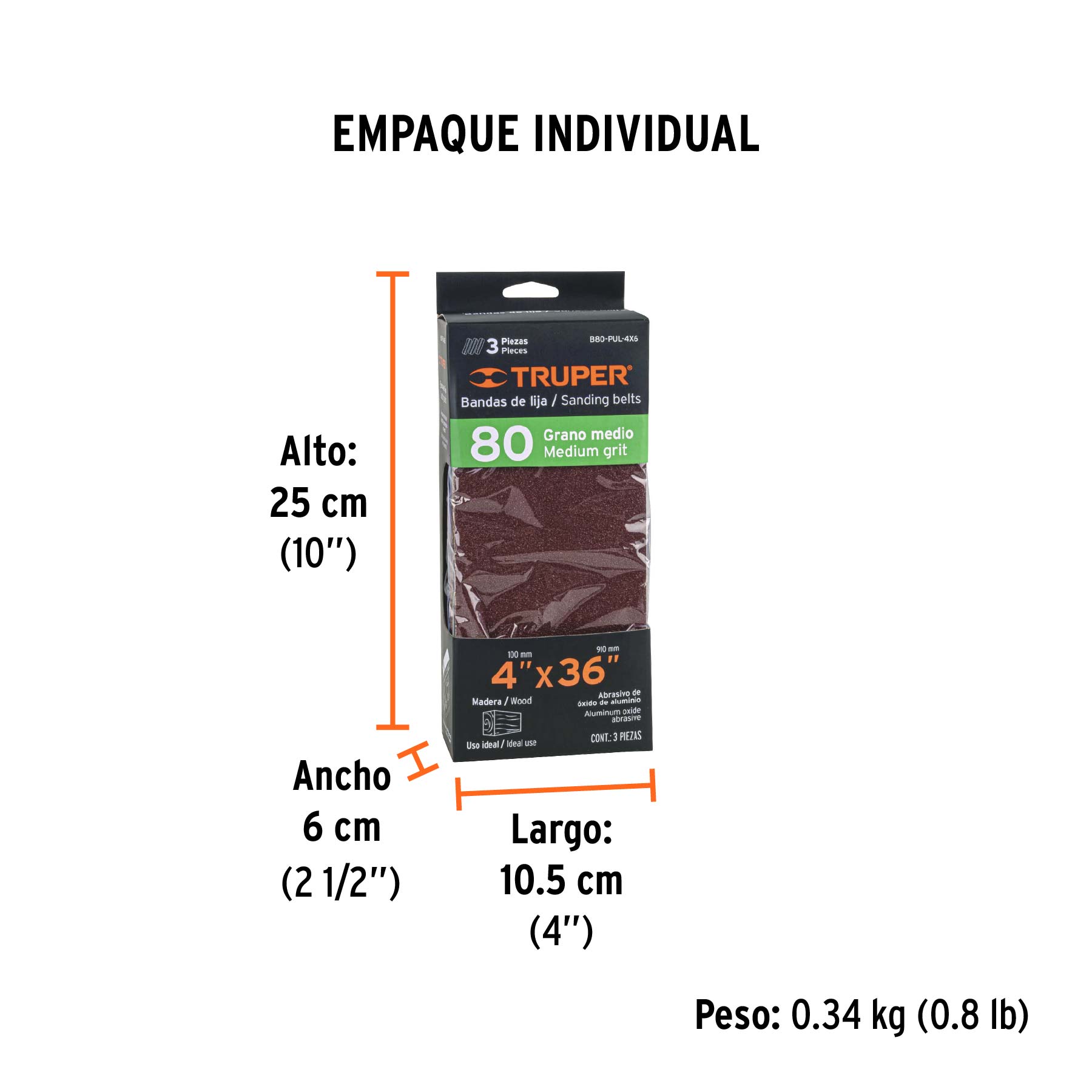Caja con 3 bandas de lija 4" x 36" grano 80 para PUL-4X6T TRUPER