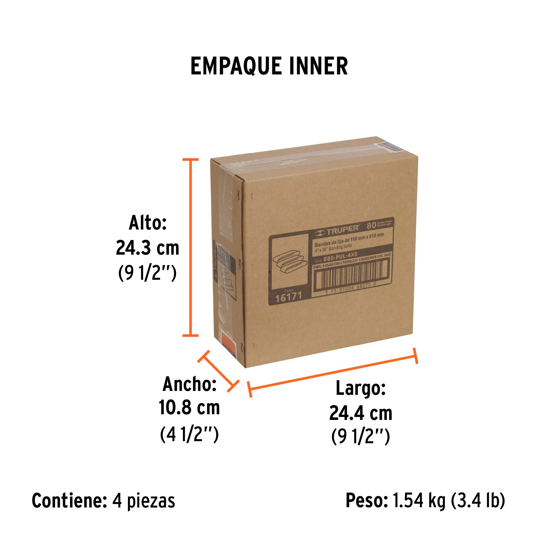 Caja con 3 bandas de lija 4" x 36" grano 80 para PUL-4X6T TRUPER