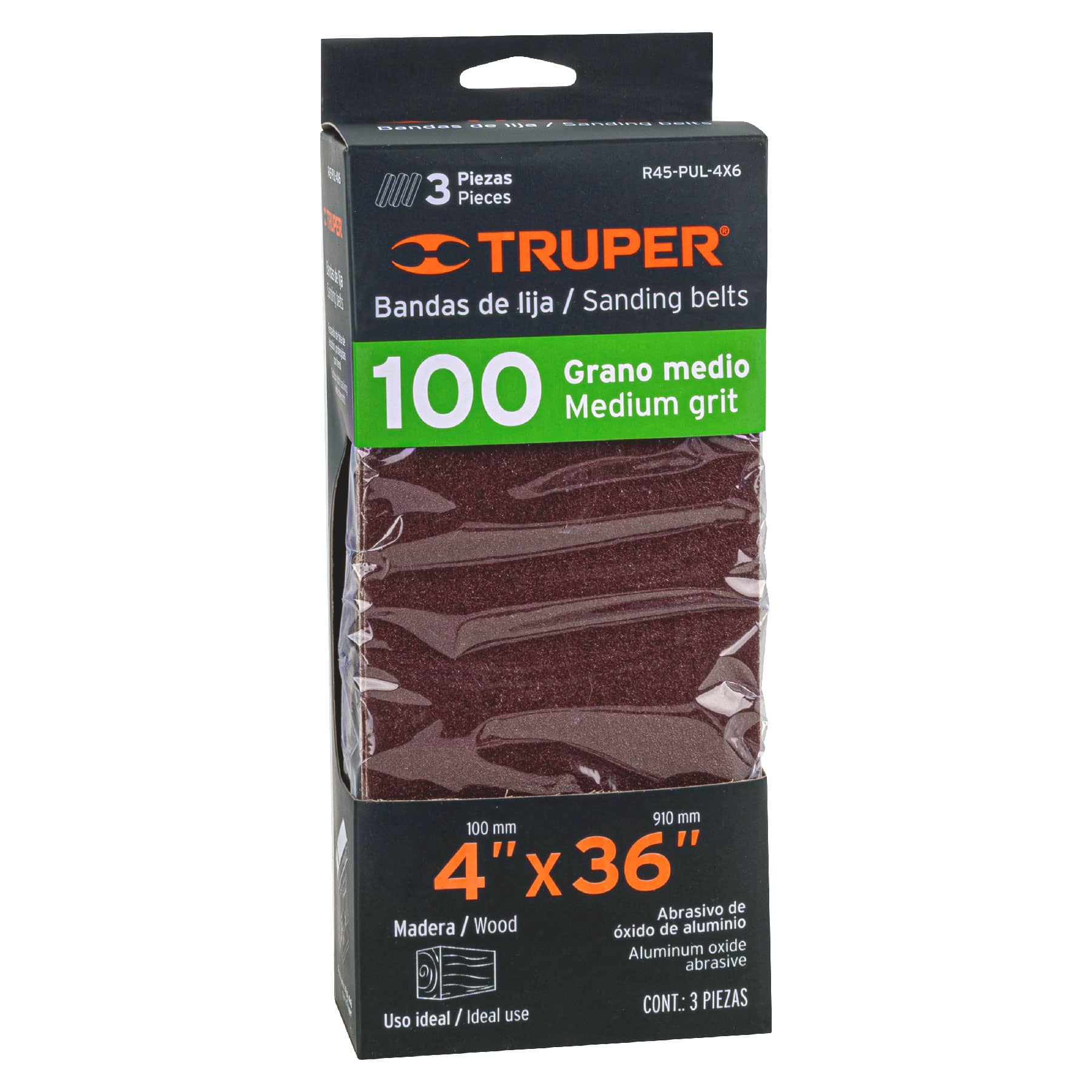 Caja con 3 bandas de lija 4" x 36" grano 100 para PUL-4X6T TRUPER